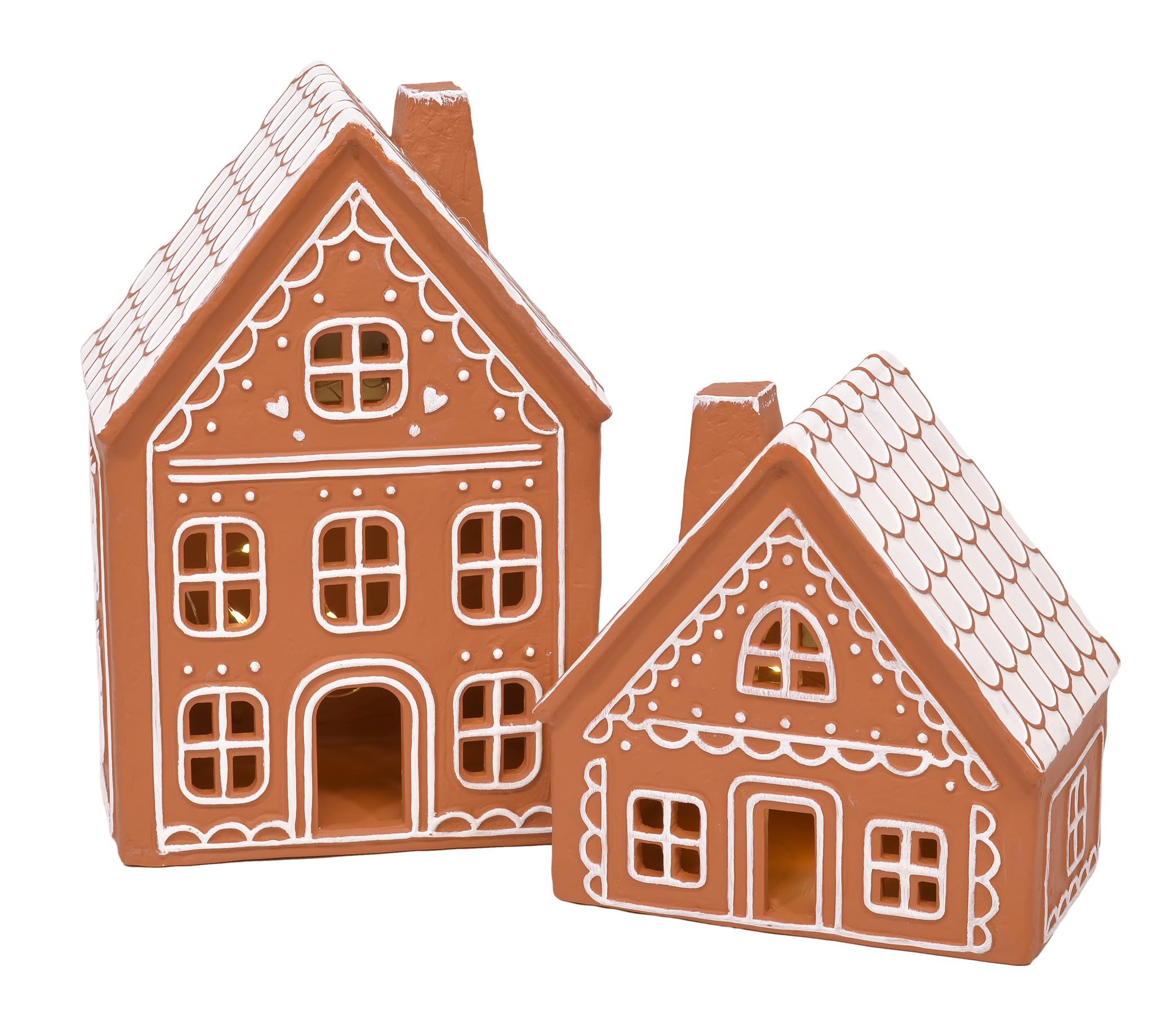 Mark Feldstein & Associates Ceramic Iced Gingerbread House LED Village Figurines - Set of 2 (9 Inch) - Christmas Decorations for Home, Holiday Table Centerpiece & Winter Village Display