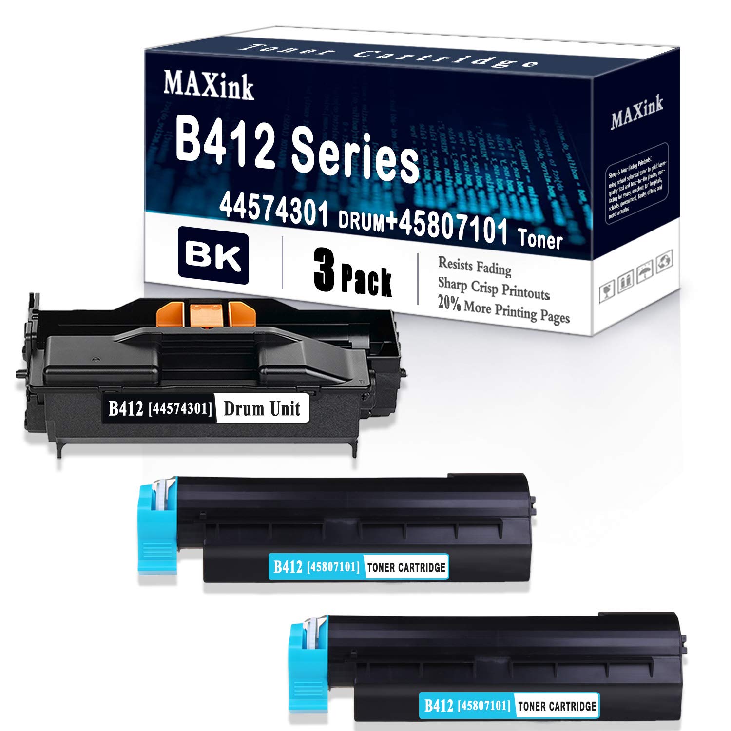2-Pack Black 45807101 Toner Cartridge & 1-Pack 44574301 Drum Unit Replacement for Okidata B412/B432dn/B512dn/MB472w/MB492/MB562w Printers - High-Quality Compatible Printer Supplies for Office & Home Printing
