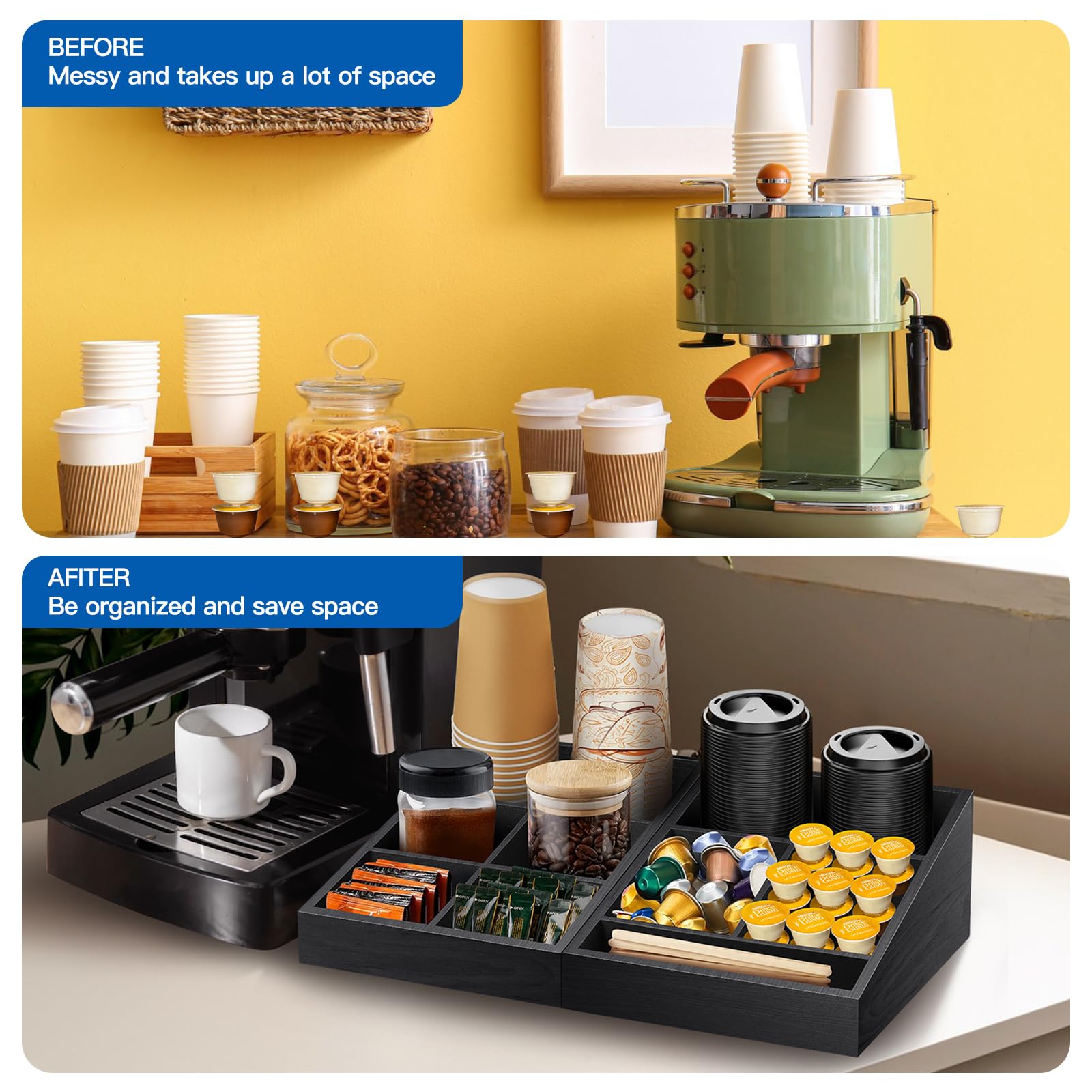9-Compartment Wooden Coffee Station Organizer & Condiment Tray - Countertop Coffee Bar Storage for Home, Office & Breakroom (Two-in-One Black) - Perfect for Espresso Machines, Keurig Stations & Kitchen Counter Organization