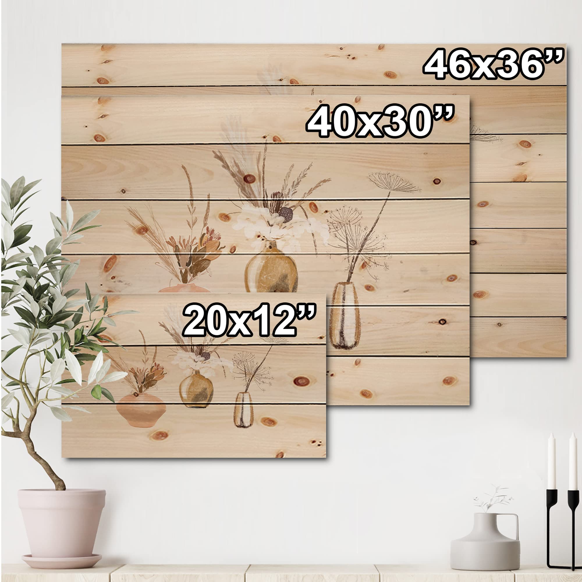 DesignQ Wildflower Bouquets in Gold Vases - Traditional Wood Wall Decor, Beige Floral Wall Art, Large Pine Wood Wall Panels | Perfect for Living Room, Bedroom & Farmhouse Decor