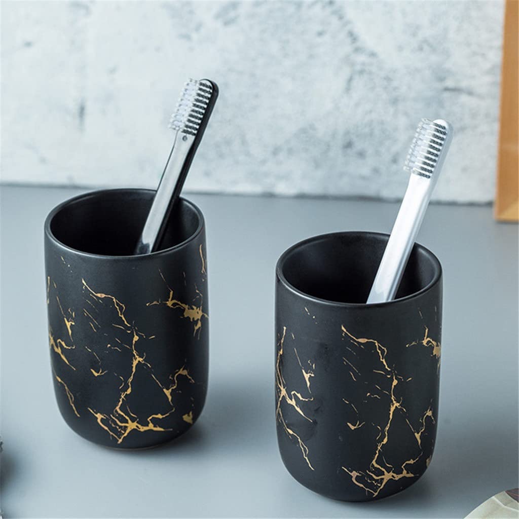 Premium Marble Ceramic Bathroom Accessory Set - Toothbrush Holder, Mouthwash Cup, Soap Dish & Shampoo Dispenser | Modern Vanity Organizer for Spa-Like Bathroom Decor