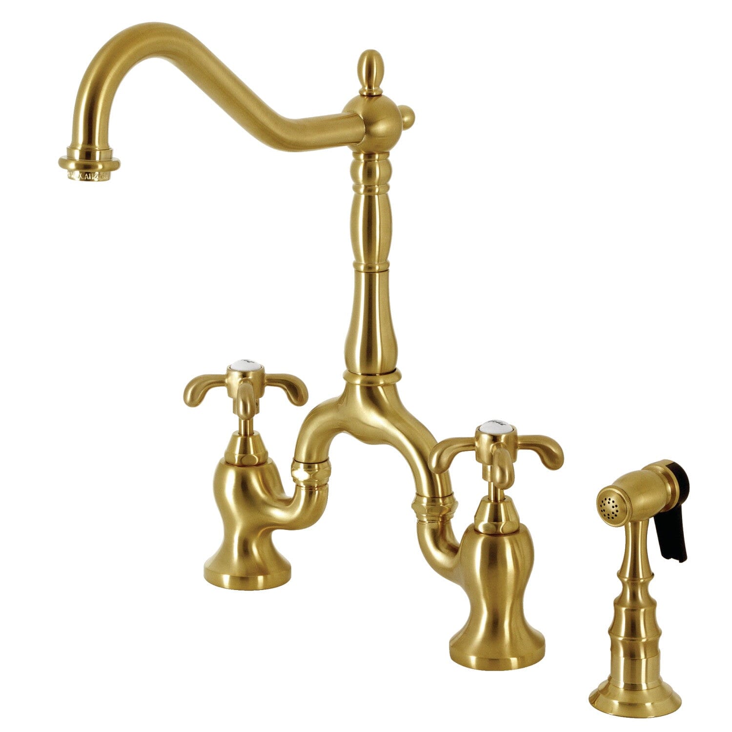 French Country Two-Handle 3-Hole Deck Mount Bridge Kitchen Faucet with Brass Side Sprayer - Perfect for Farmhouse, Cottage & Vintage Style Kitchens (Ideal for Washing Dishes, Filling Pots & Cleaning Countertops)