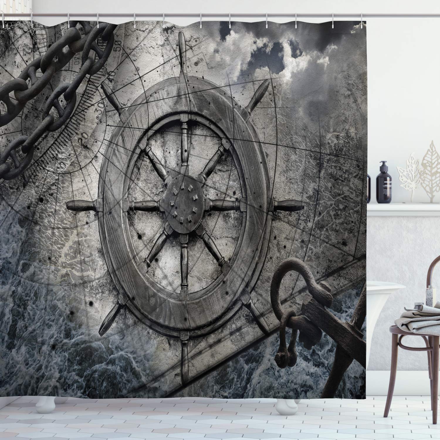 Ambesonne Nautical Shower Curtain - Retro Ships Wheel Design with Anchor Chains, 69x70 Inch Bathroom Decor Set with Hooks, Waterproof Fabric for Coastal & Beach Theme Bathrooms | Perfect for Nautical, Maritime or Sailor Themed Home Decor