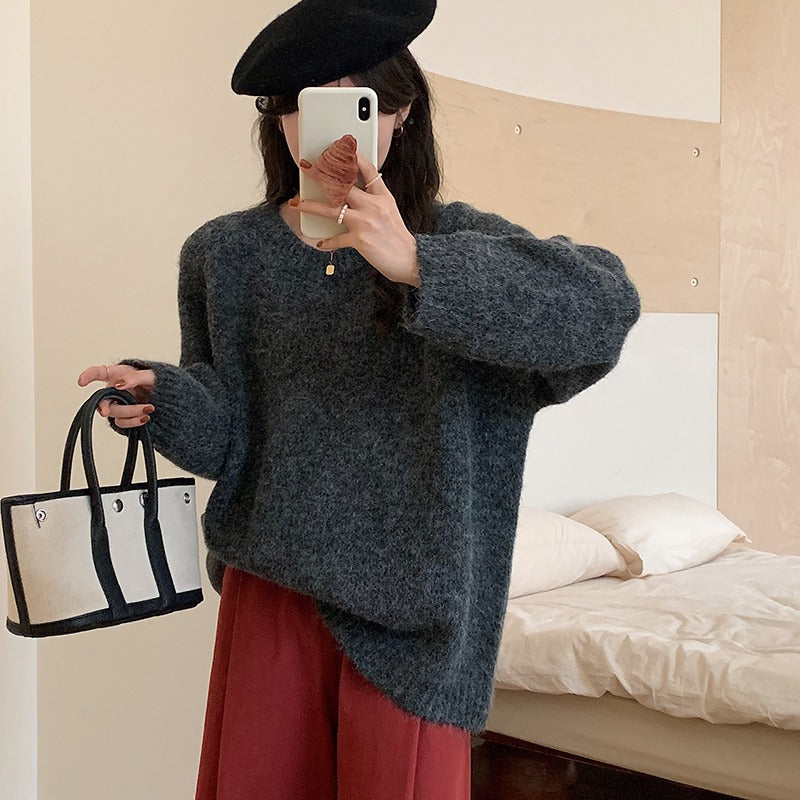 Soft Furry Loose Pullover Sweater for Women - Cozy Round Neck Long Sleeve Knitted Top for Fall & Winter | Perfect for Casual Outfits, Office Wear and Holiday Gatherings