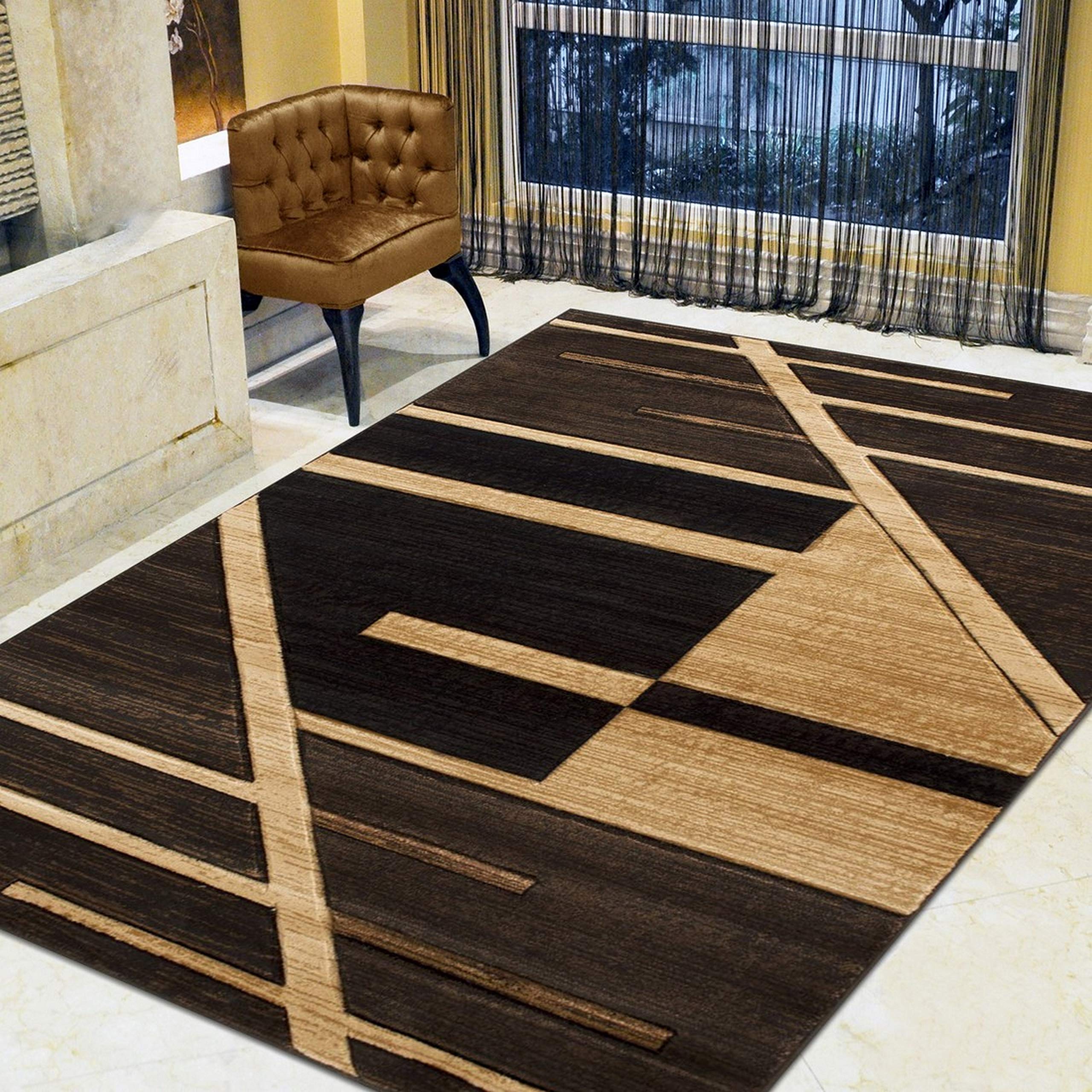 Hand Carved Modern Contemporary Area Rug - Monochromatic Linear Design in Chocolate, Beige & Black - Perfect for Living Room, Bedroom or Office Decor