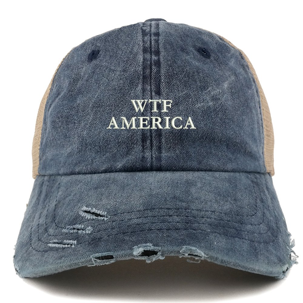Trendy WTF America Embroidered Distressed Trucker Hat with Mesh Back - Perfect for Streetwear, Casual Outfits & Festival Fashion