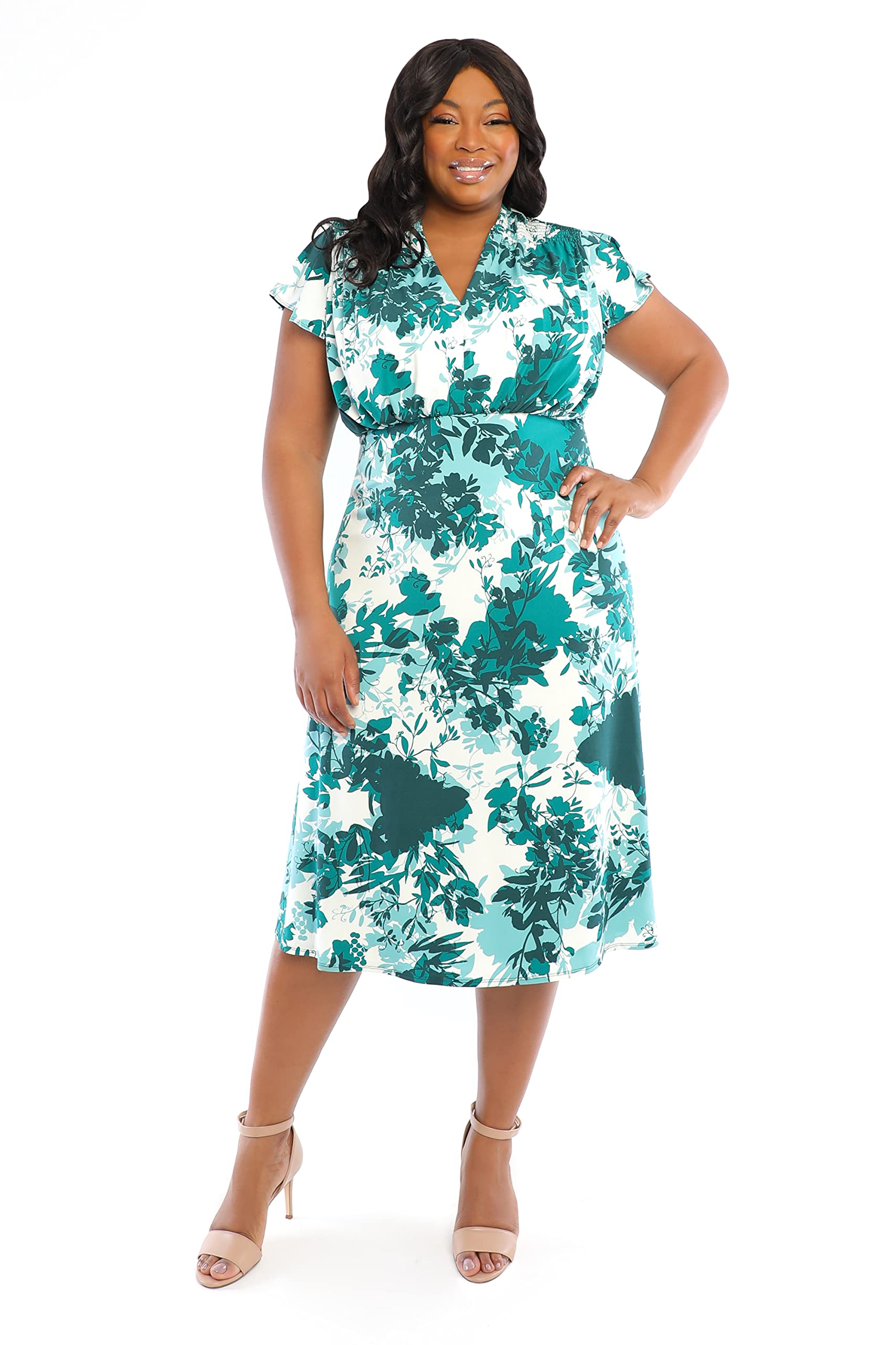 Maggy London Women's Plus Size Floral Print V-Neck Flutter Sleeve Smocked Shoulder Dress - Perfect for Summer Weddings, Garden Parties & Brunch Outings