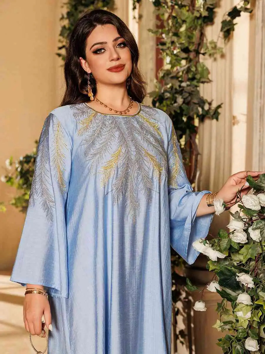 Elegant Eid Embroidered Hotfix Rhinestone Caftan Kaftan Dress for Women - Perfect for Holiday Parties, Weddings & Special Occasions