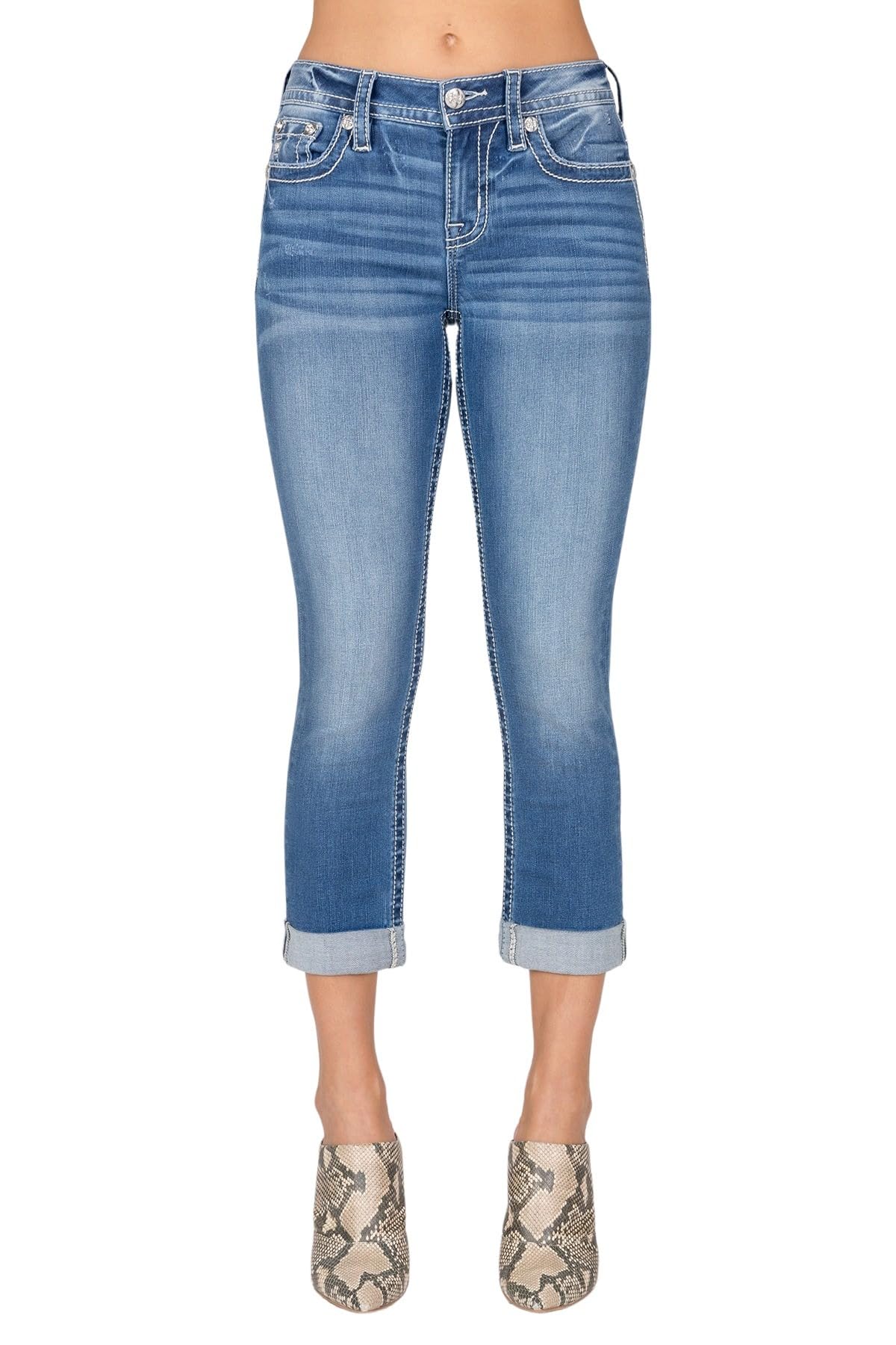 Miss Me Women's Silver Pearl Feather Yoke Mid-Rise Capri Jeans - Stylish Denim Pants for Casual Wear, Date Night & Spring Outfits