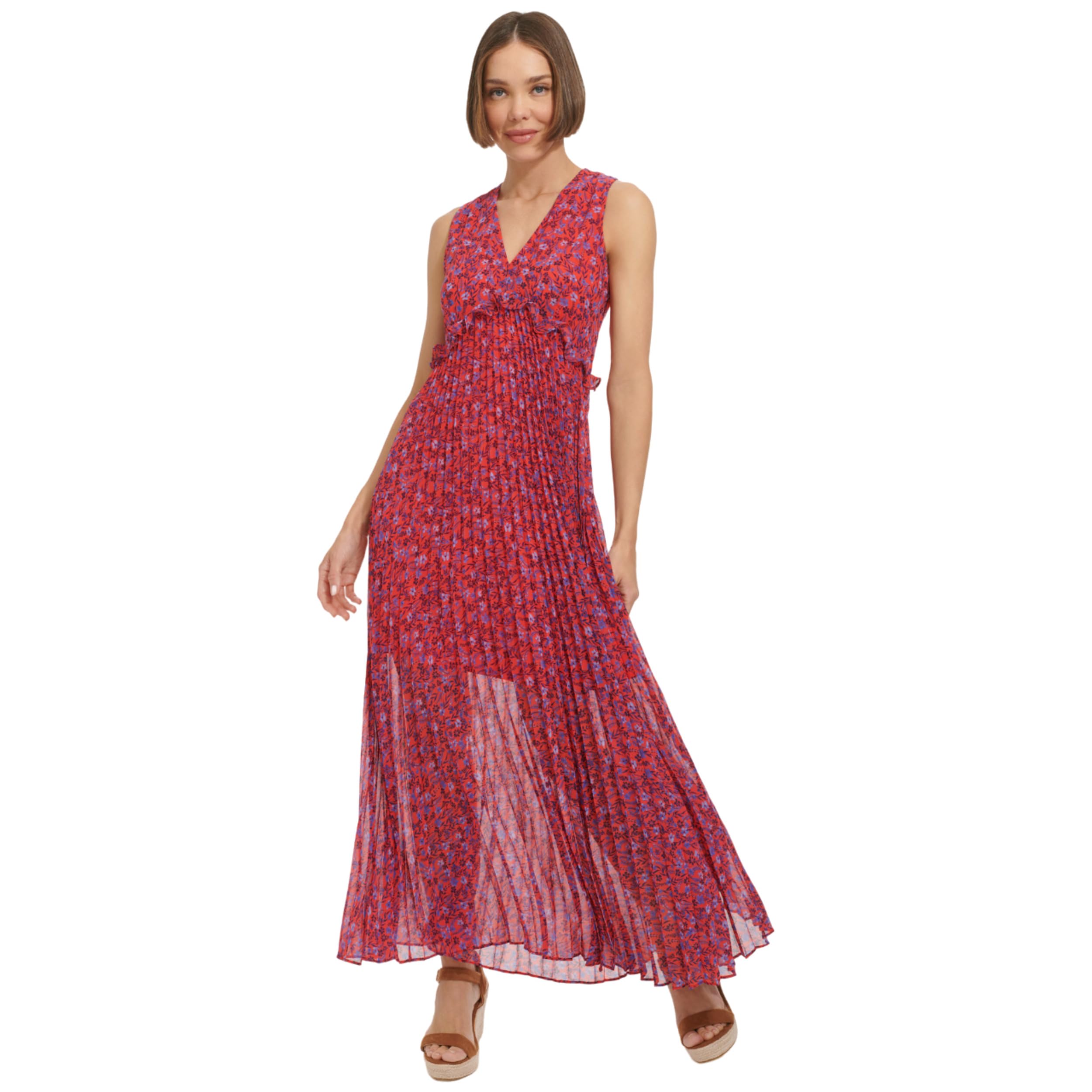 Tommy Hilfiger Women's Sleeveless V-Neck Chiffon Pleated Maxi Dress - Elegant Summer Beach Wedding Party Formal Wear