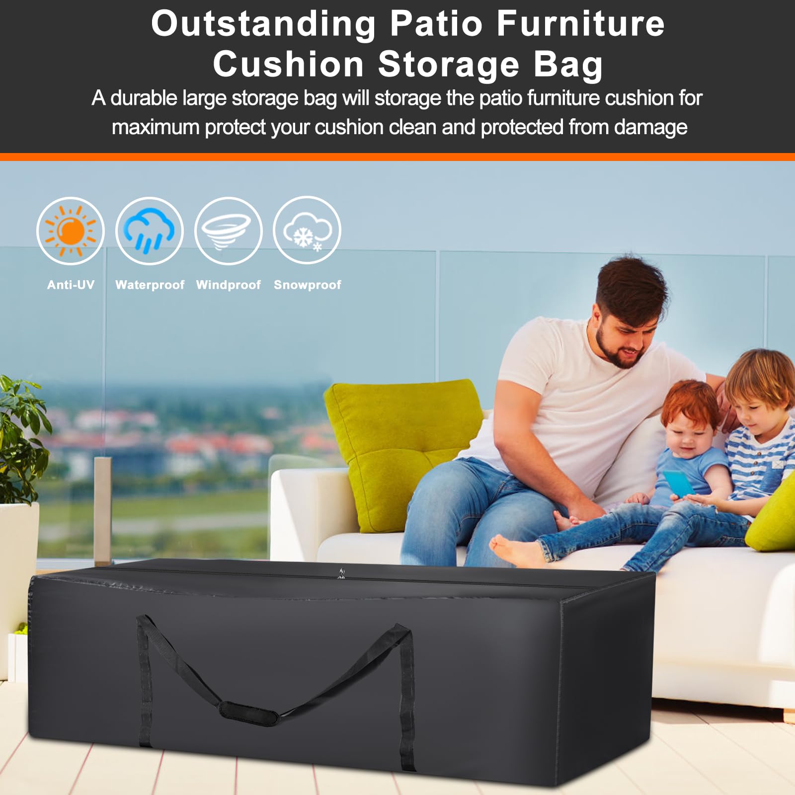 Large Heavy Duty 420D Waterproof Patio Cushion Storage Bag with Zipper & Handles - 62