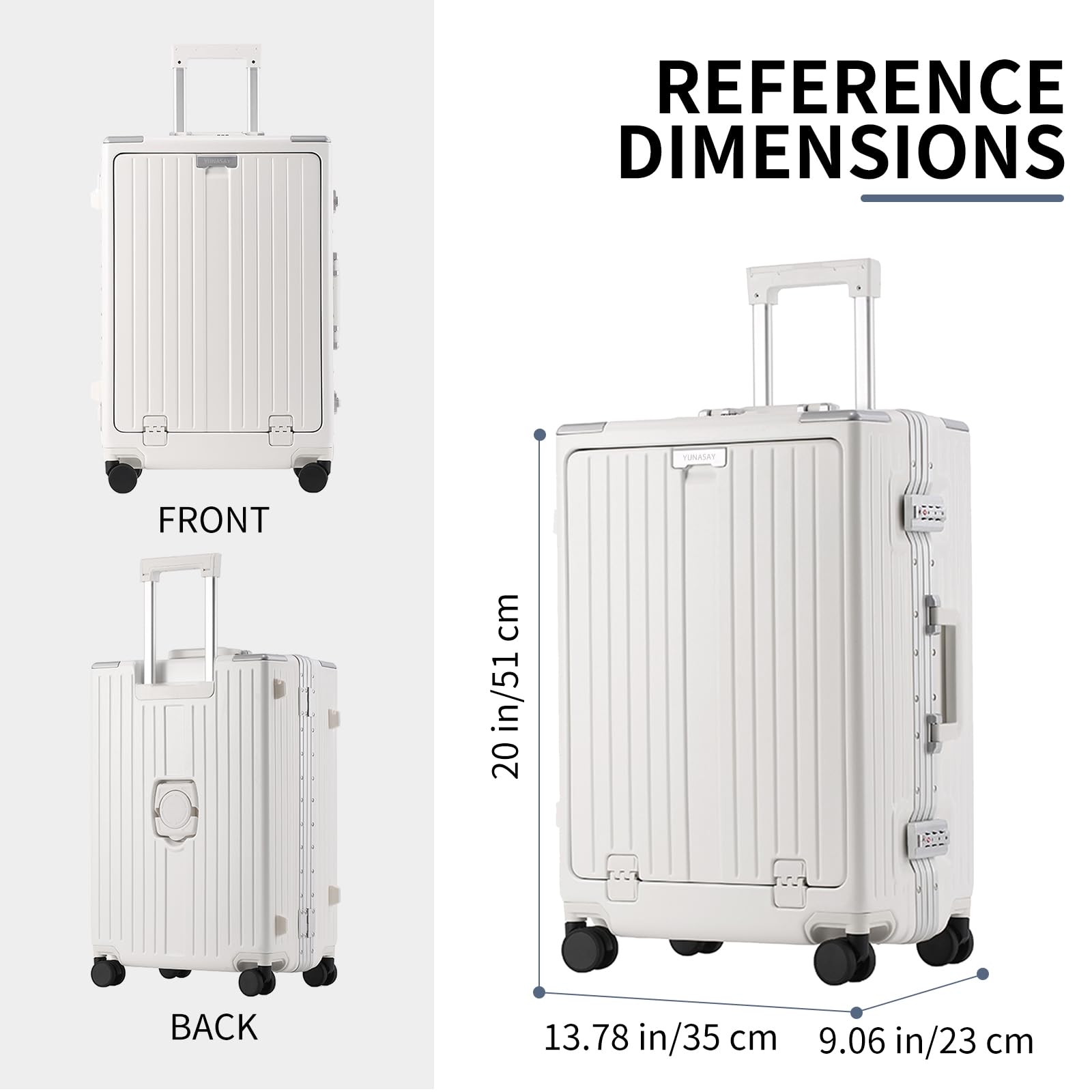 YUNASAY 20 Inch Hardside Spinner Carry On Luggage - Lightweight Aluminum Frame, TSA Lock, USB Port, Front Pocket, Cup & Phone Holder - Perfect for Air Travel & Business Trips (White)