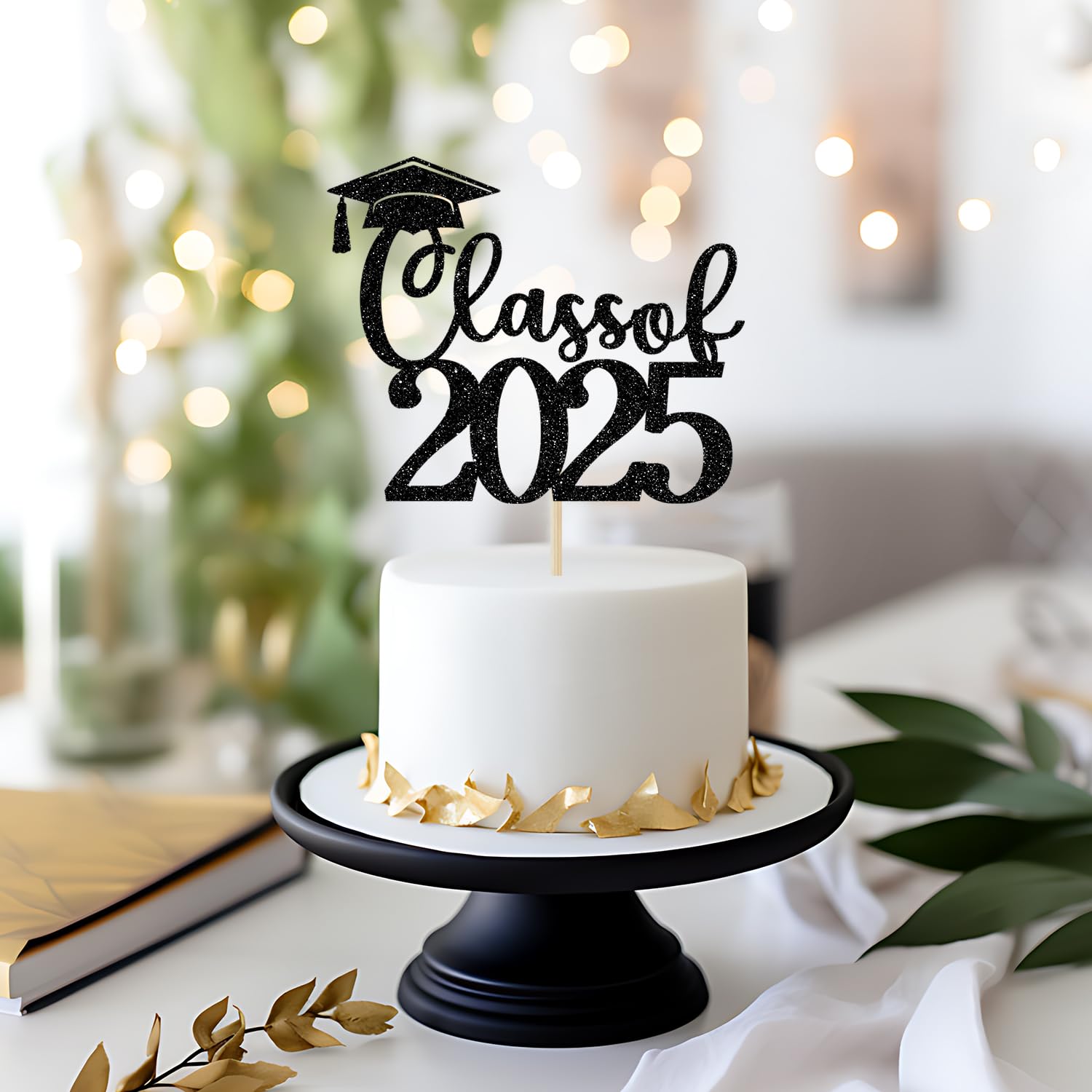 2025 Graduation Cake Topper - Black Glitter High School & College Graduation Party Decor - Class of 2025 Party Supplies for Graduation Ceremony, Commencement Celebration & Grad Night Decorations