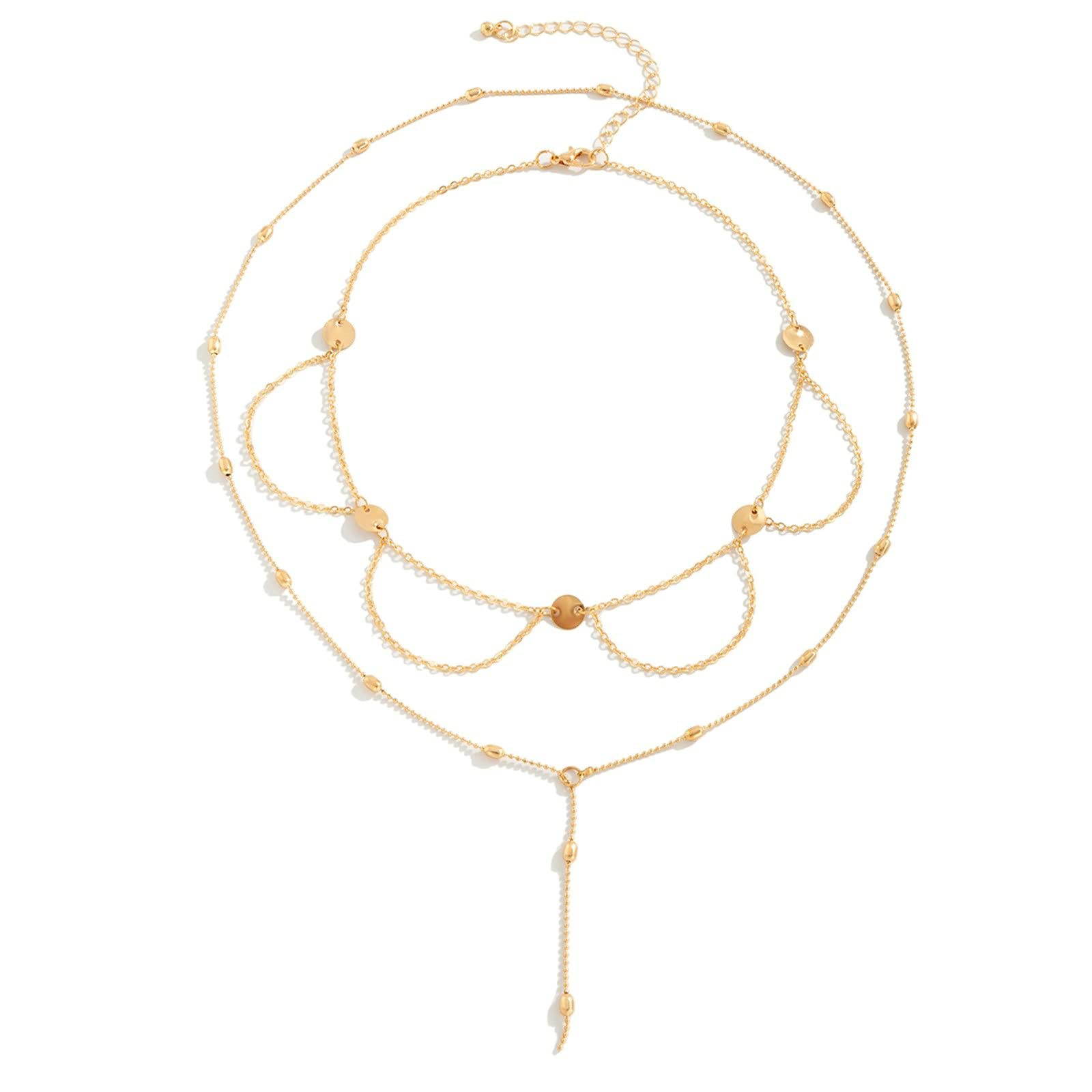 Elegant Ayoiow 2-Layer Gold Plated Necklace for Women - Sterling Silver & Gold Y-Chain with Beaded Sequins Pendant | Perfect for Parties, Weddings & Date Nights