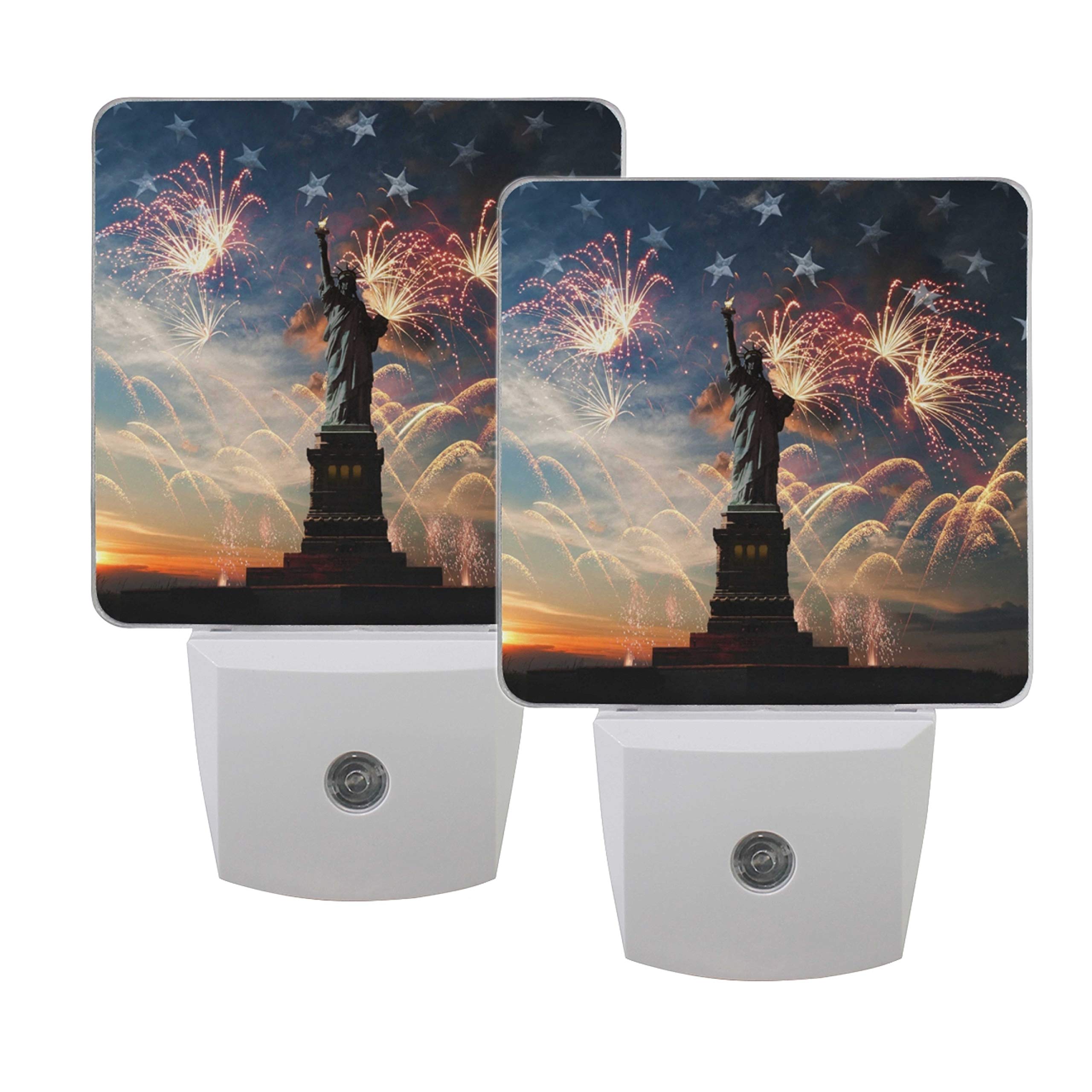 Set of 2 Statue of Liberty LED Night Lights with American Flag & Fireworks Design - Auto Sensor Dusk to Dawn Plug-in Indoor Lighting for Home Decor, Patriotic Gift for 4th of July & Independence Day - Perfect for Bedroom, Living Room, Office, and Party Decorations