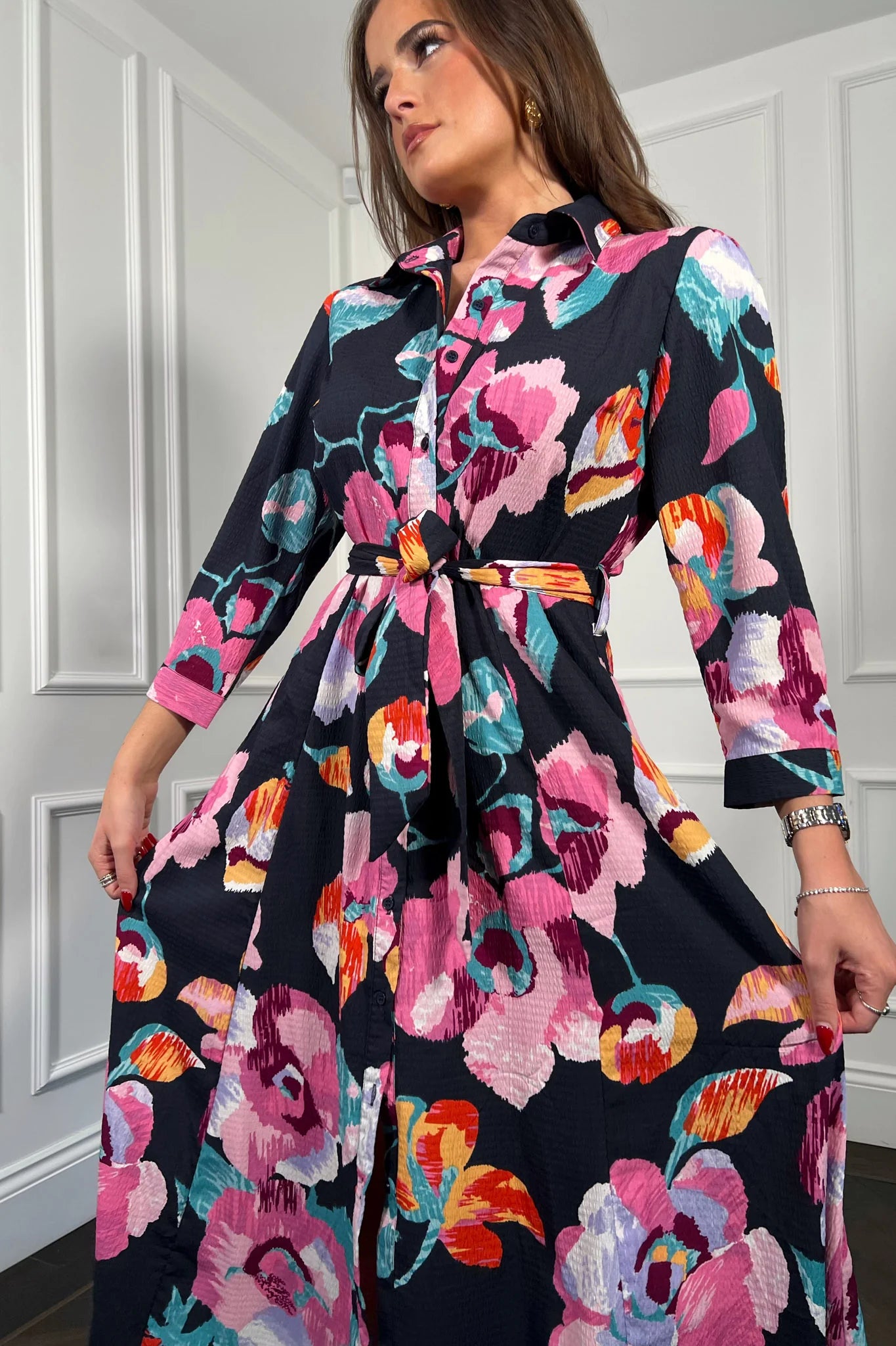 ANGELA Floral Print Shirt Dress for Women - Navy & Purple Summer Dress - Perfect for Casual Outings, Beach Vacations, and Office Wear