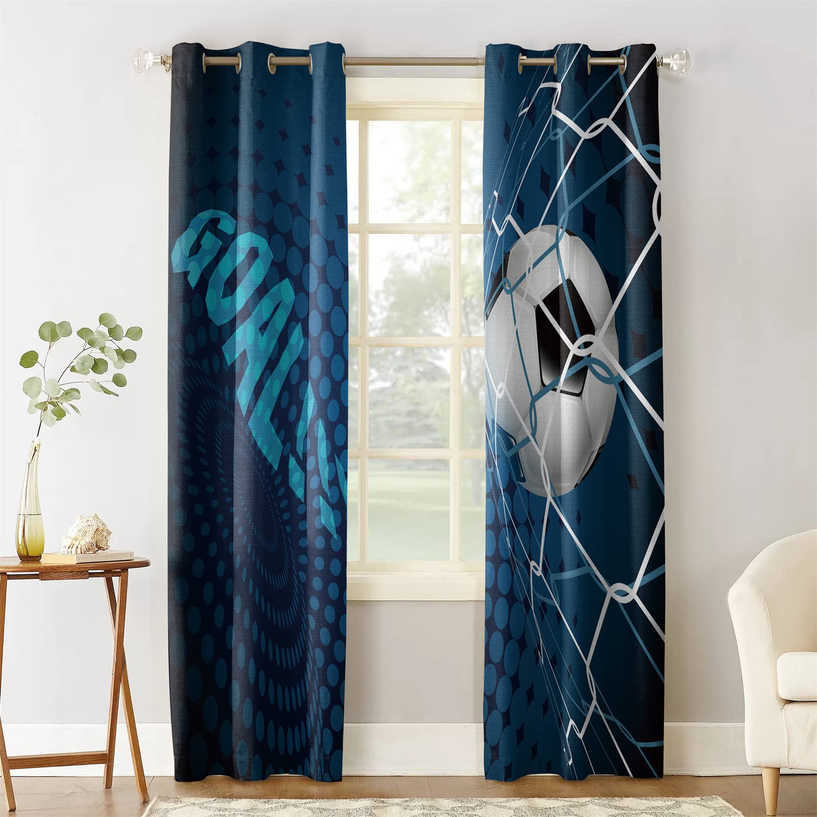 2 Panels Blue Soccer Ball Blackout Curtains with Eyelet Grommets - 3D Printed Thermal Insulated Noise Reducing Darkening Drapes for Living Room & Bedroom (56