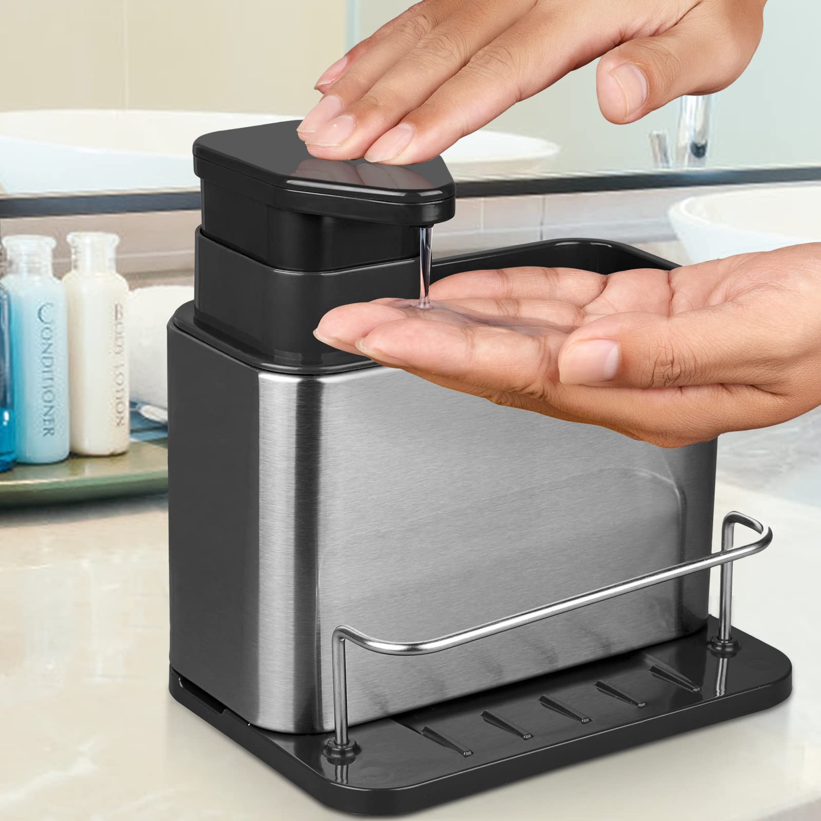 3-in-1 Stainless Steel Kitchen Sink Organizer - Soap Dispenser, Sponge Holder & Drainer Rack | Rustproof Countertop Organizer for Dishes & Brushes | Perfect for Small Kitchen Spaces & Modern Home Decor