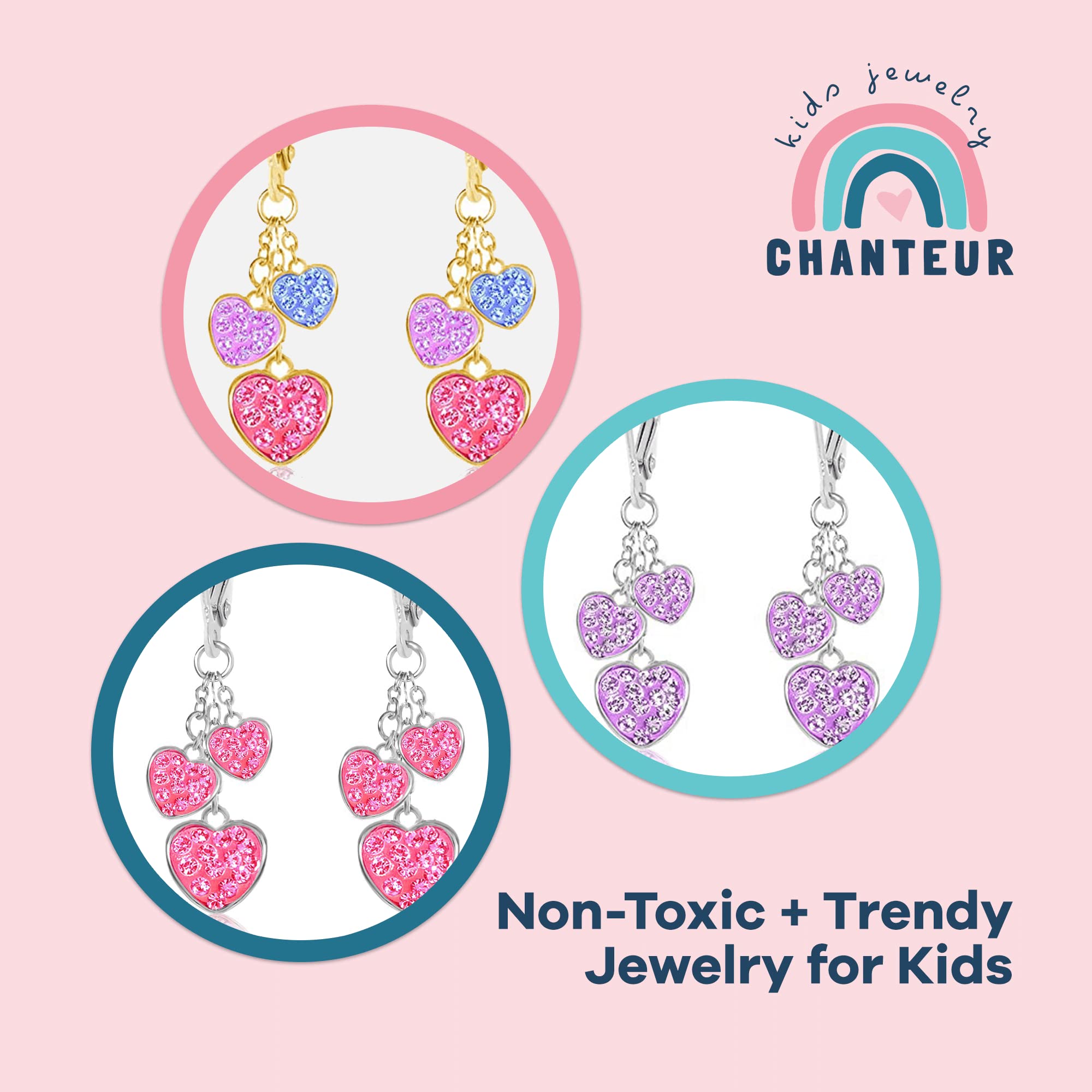 Hypoallergenic 925 Silver Kids Hoop Earrings with 3 Mini Hearts & Crystals - Gold or White Tone Leverback Earrings for Girls | Perfect for Birthday Gifts, School Events & Special Occasions
