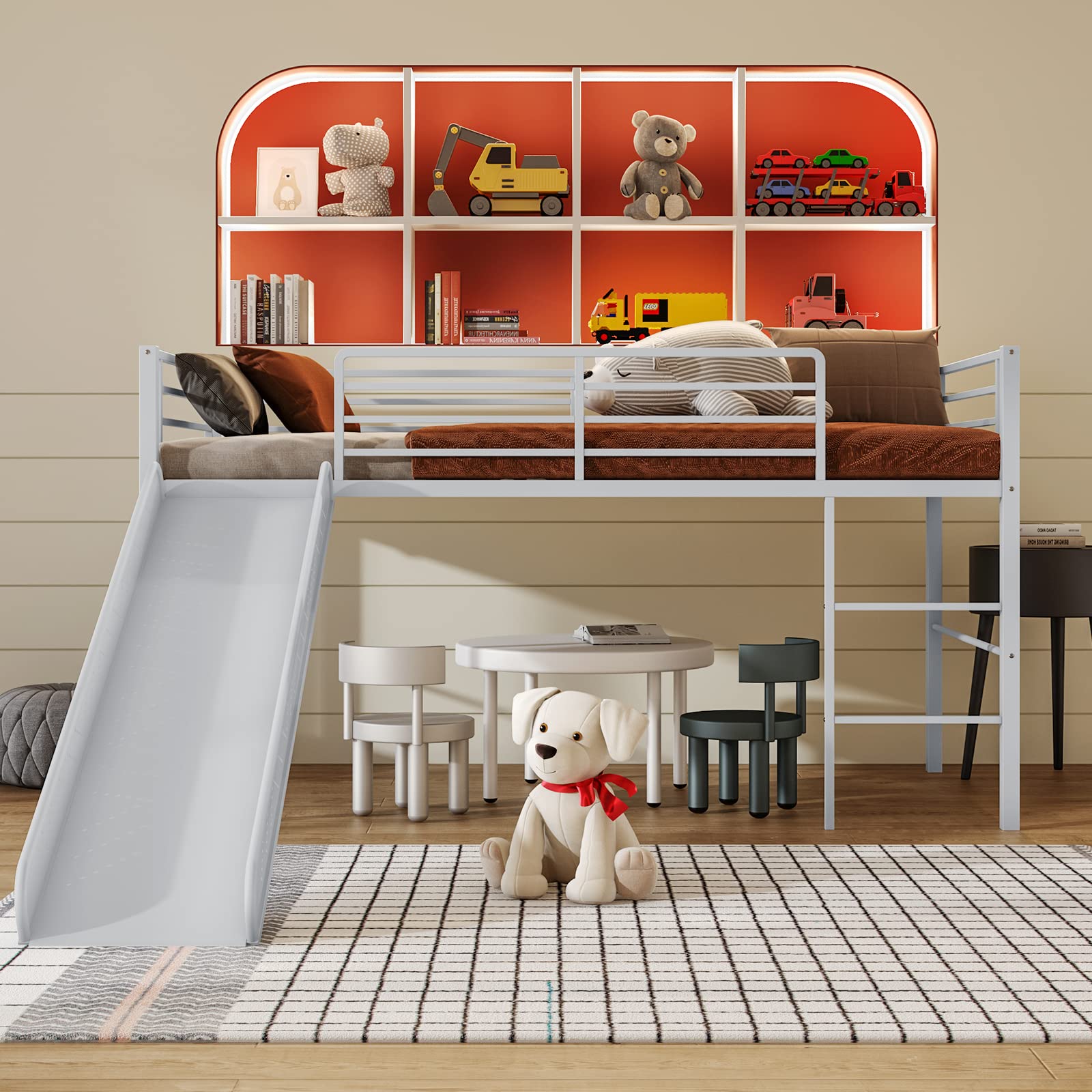 **Giantex Twin Loft Bed with Slide - Sturdy Metal Low Bunk Bed for Kids, Safety Guardrails & Built-in Ladder, No Box Spring Needed, Toddler Bed Floor Frame for Boys & Girls (Silver) - Perfect for Small Bedrooms, Playrooms & Sleepovers**