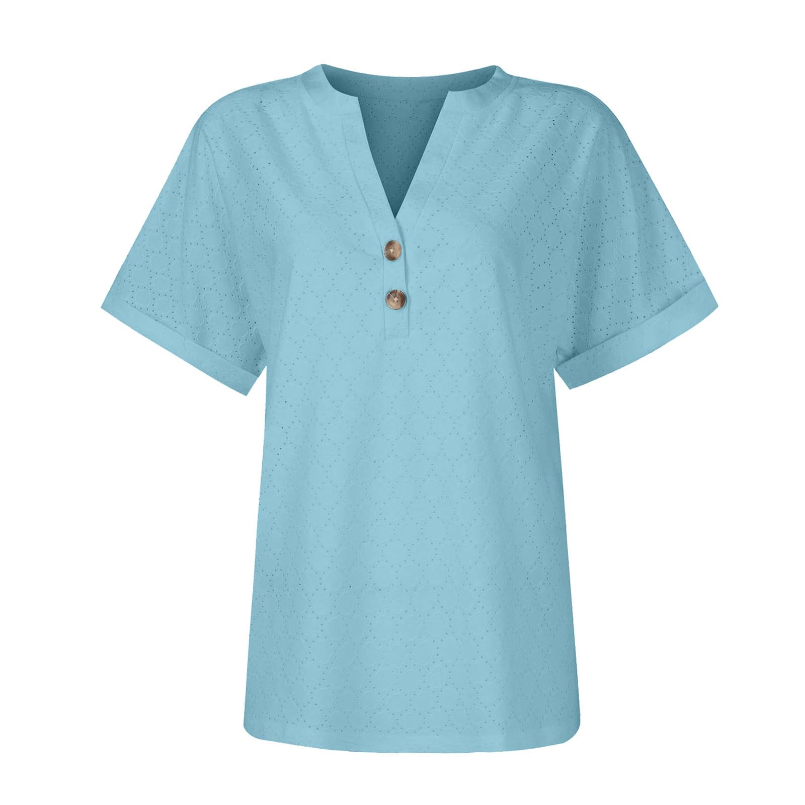 AMhomely Women's Vintage Lace Short Sleeve V-Neck Blouse - Loose Casual Waffle Tee, Elegant Plain Tunic Top with Button Detail | Perfect for Summer Outfits, Beach Wear & Casual Office Attire