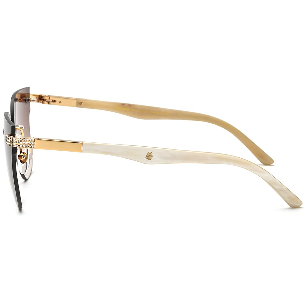 100% Real Buffalo Horn Handmade Women's Square Rimless Luxury Sunglasses with Diamonds - Fashion UV Protection Eyewear for Outdoor, Beach & Driving