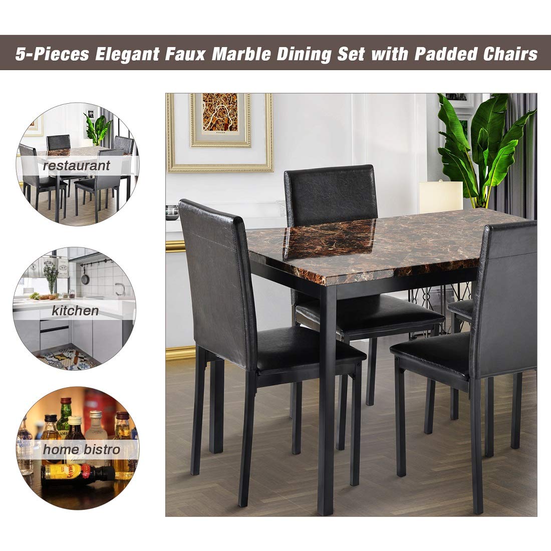 5-Piece Modern Dining Table Set with Rectangle Faux Marble Top & 4 High-Back Leather Chairs - Black Kitchen Table for Dining Room, Perfect for Family Gatherings and Dinner Parties