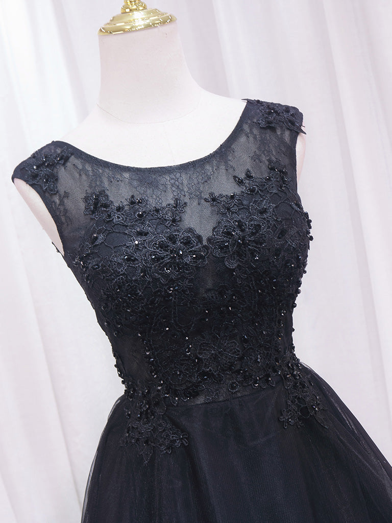 Elegant A-Line Lace Tulle Black Short Prom Dress | High-Low Hem Homecoming Dress for Teens | Perfect for School Dances, Parties & Special Occasions