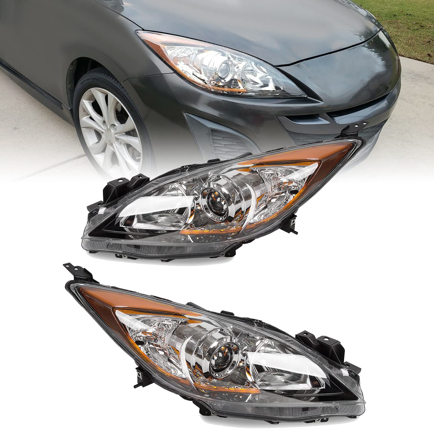 ECOTRIC Replacement Headlight Assembly for 2010-2013 Mazda 3 - Compatible with MA2518130 & MA2519130 - Direct Fit Front Lamp & Corner Projector (Excludes HID Models) - Perfect for Night Driving & Road Safety