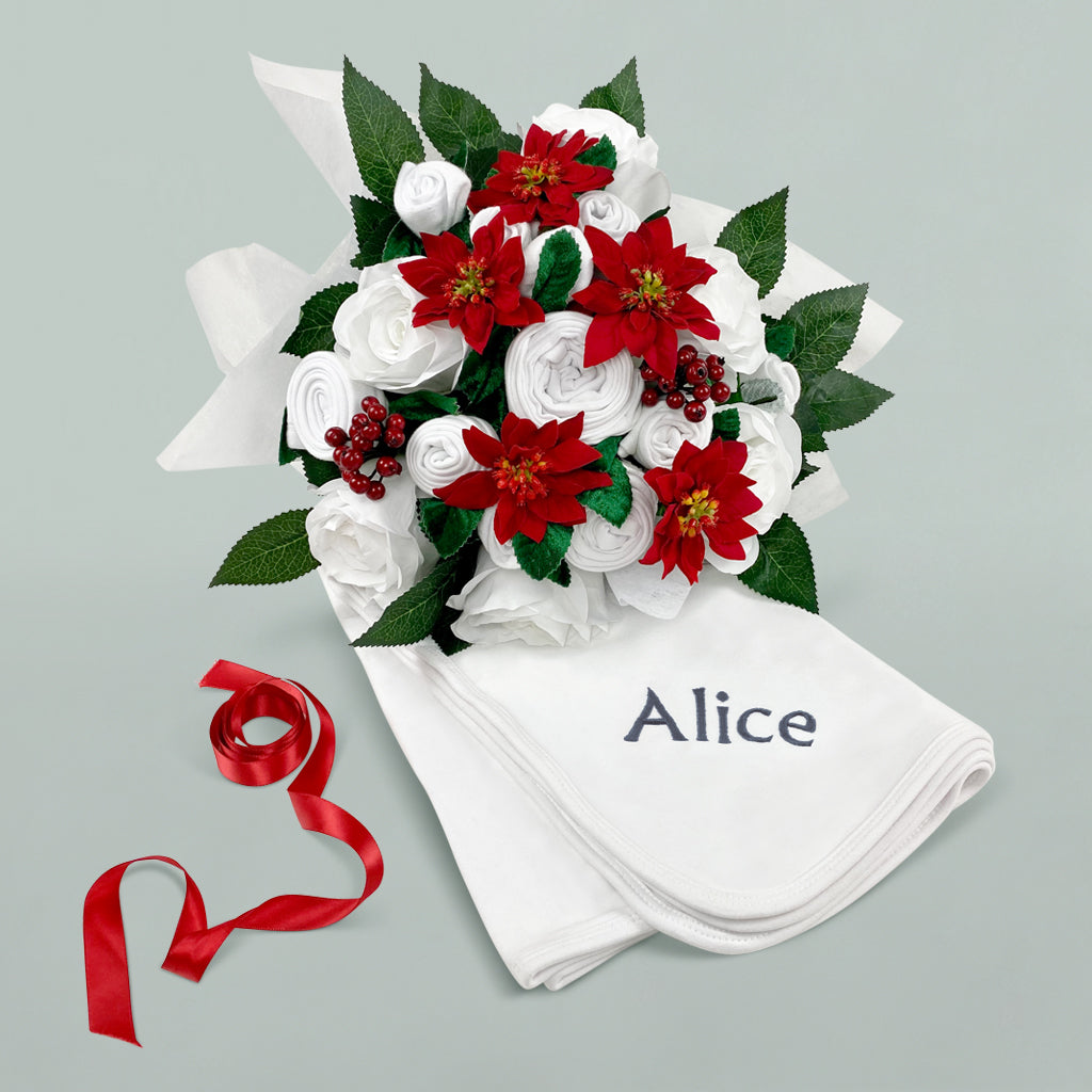 Luxury Christmas Rose Baby Clothes Bouquet with Personalized Snuggle Wrap - Grey | Perfect Baby Shower Gift & Newborn Photo Prop