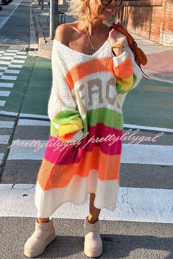 True Faith Knit Peace Pattern Color Blocks Loose Midi Sweater Dress - Cozy Casual Wear for Fall & Winter, Perfect for Office, Date Night and Weekend Outings