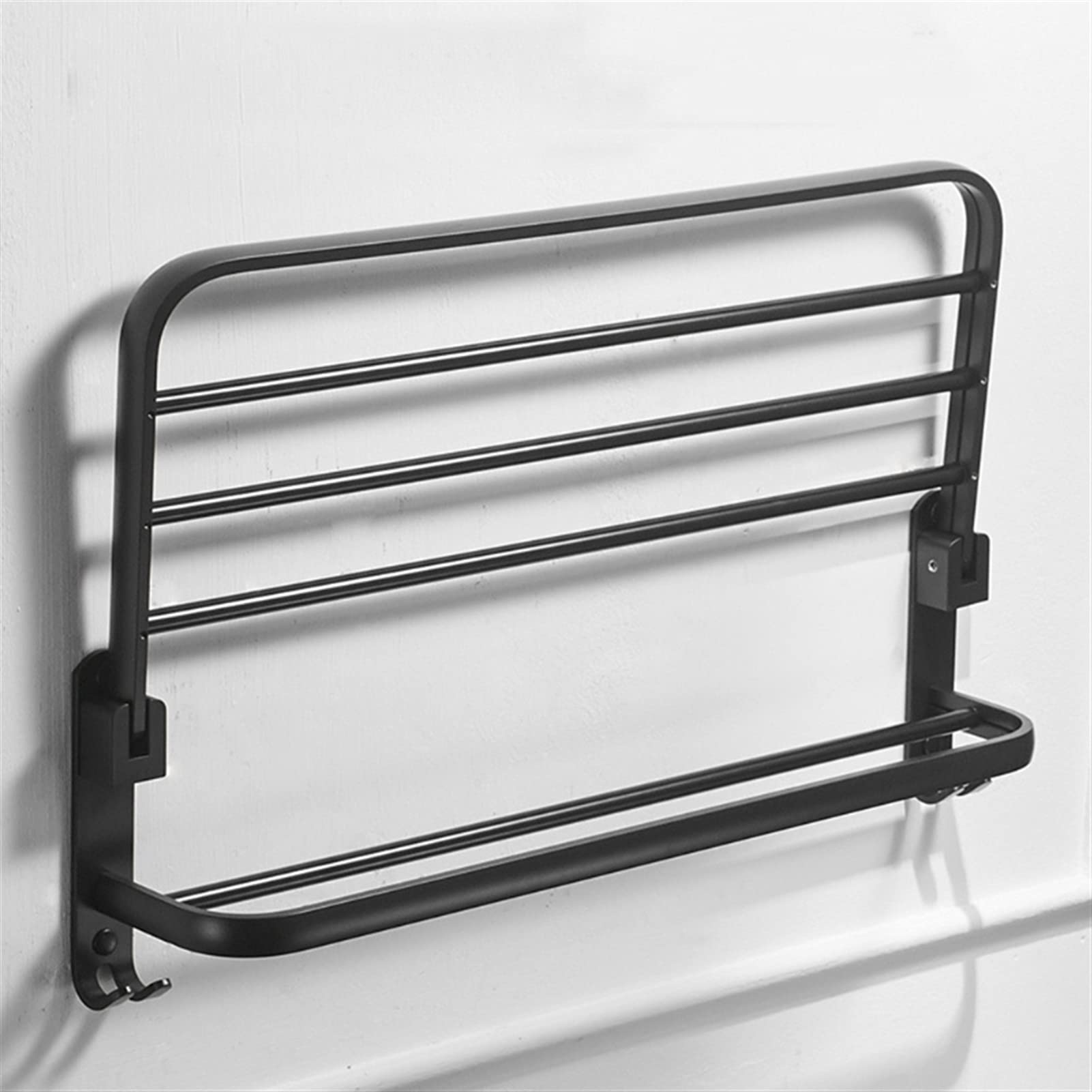 Black Aluminum Wall Mounted Folding Towel Rack with Hook - Space Saving Bathroom Storage Shelf for Towels & Robes - Perfect for Small Bathrooms, Laundry Rooms & Kitchens (40 Inch)