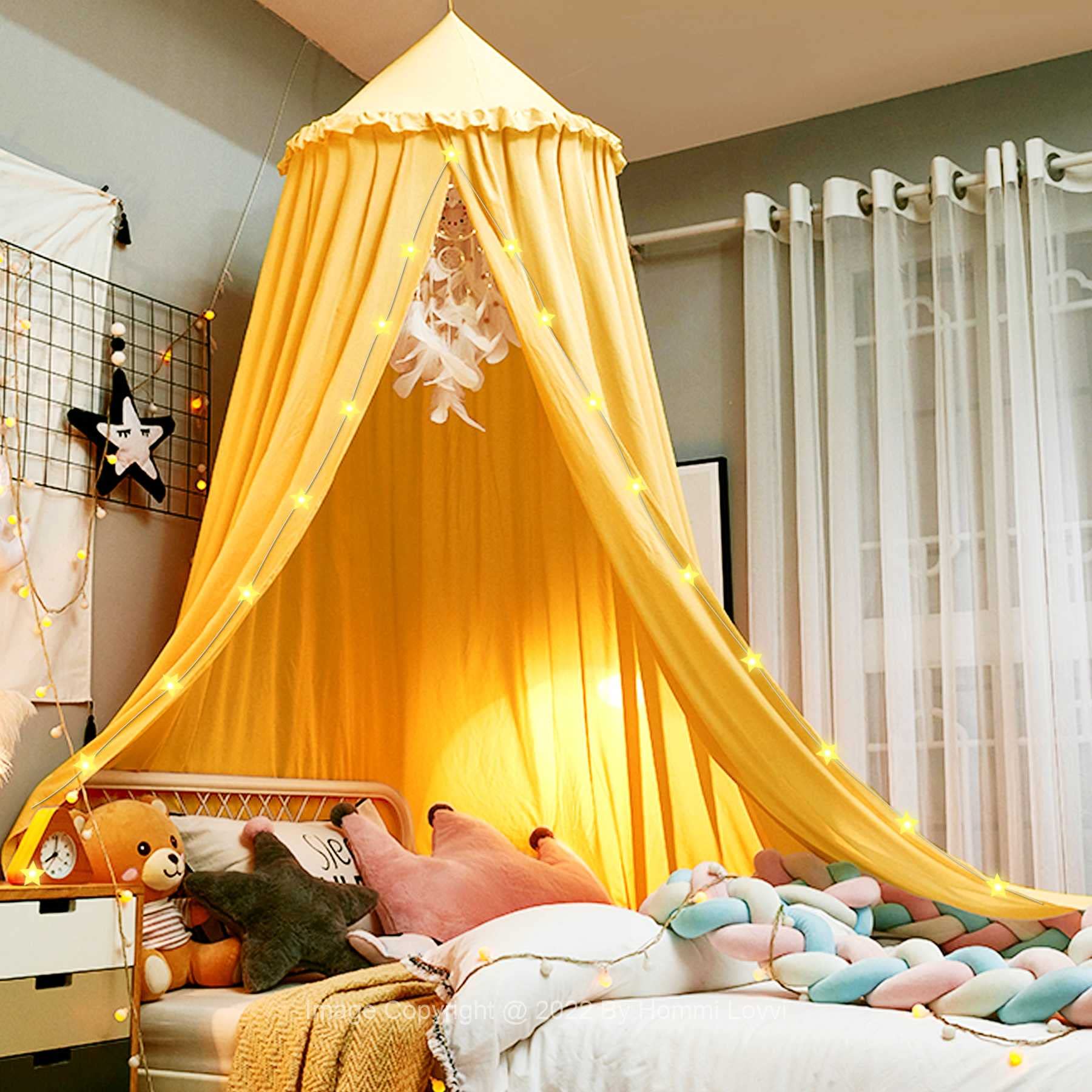 Dreamy Frills Princess Bed Canopy for Girls - Extra Large Full/Queen Size Soft Hanging Net Canopy, Yellow Bedroom Decoration for Reading Nook & Sleep Sanctuary | Perfect for Kids' Rooms, Dorm Decor & Fairy Tale Themed Bedrooms