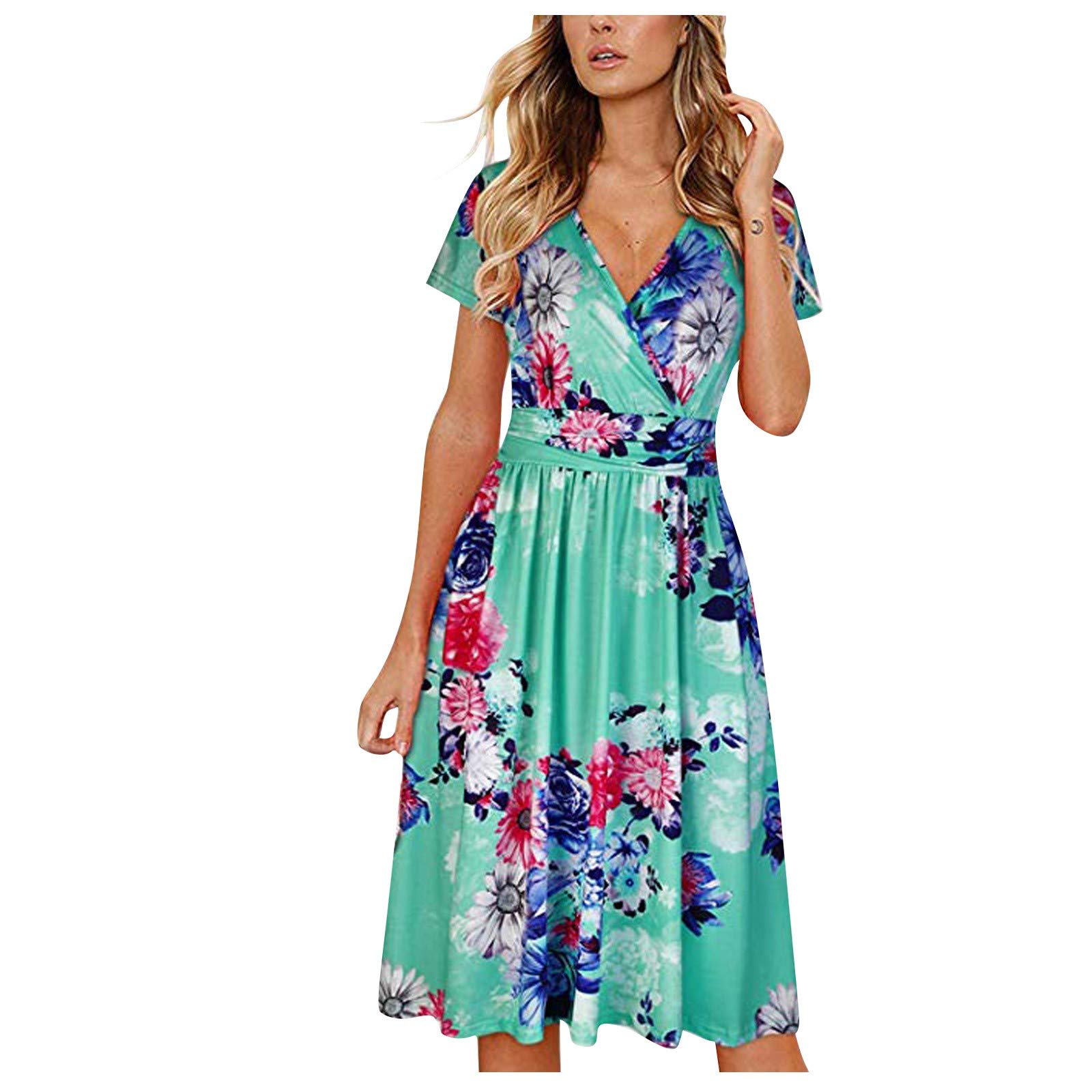 Arystk Women's Summer Floral Print Boho Beach Dress - Round Neck Short Sleeve Open Slit Long Maxi Dress for Vacation, Party & Casual Wear