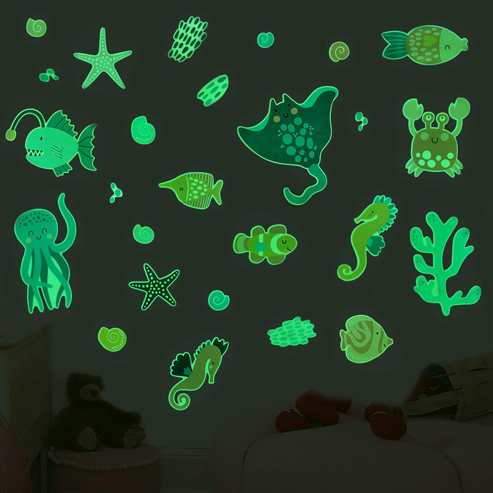 Glow in The Dark Ocean Wall Stickers - 3D Fluorescent Sea Creature Decals for Kids Bedroom & Nursery - Underwater Animal Stickers for Ceiling & Wall Decor - Perfect for Nighttime Glow & Themed Room Design