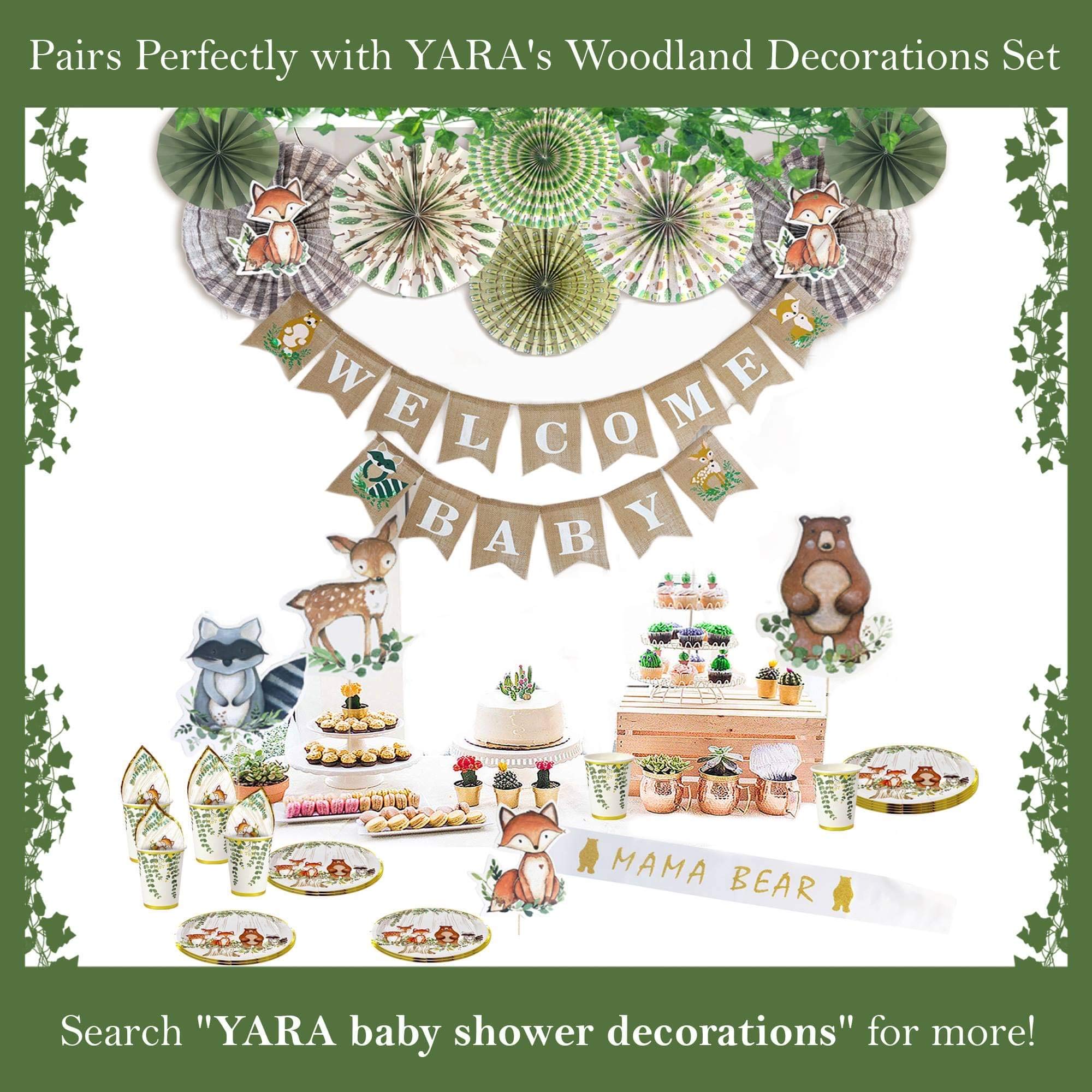 YARA 96-Piece Woodland Animals Baby Shower & Birthday Party Supplies Set - Fox Theme Disposable Tableware (Plates, Napkins, Cups) for Boys & Girls - Forest Creatures Decorations - Serves 24 Guests - Perfect for Baby Showers, Birthday Parties & Themed Events