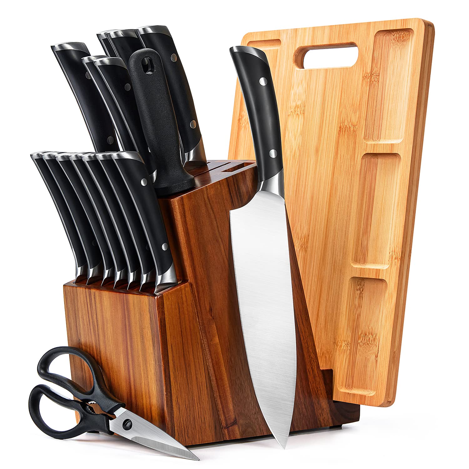 18PCS Professional Stainless Steel Kitchen Knife Set with Acacia Wood Block & Bamboo Cutting Board - Ergonomic Solid Handle & Sharpening Stick Included - Perfect for Home Chefs, Cooking Enthusiasts & Professional Kitchens