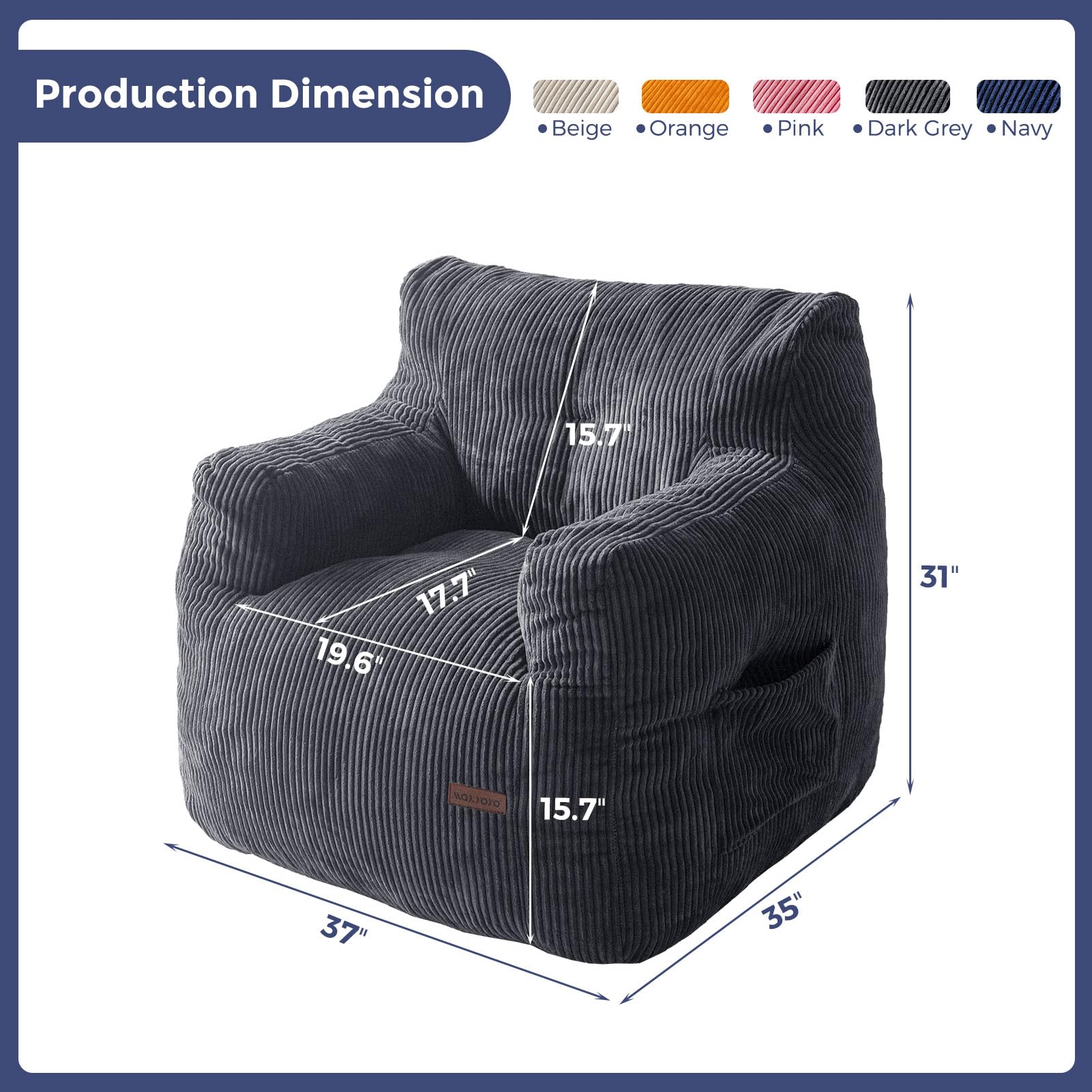 MAXYOYO Tufted Corduroy Bean Bag Chair with Filler - Oversized Lazy Sofa for Adults & Teens, Dark Grey - Perfect for Living Room, Bedroom & Game Room Relaxation