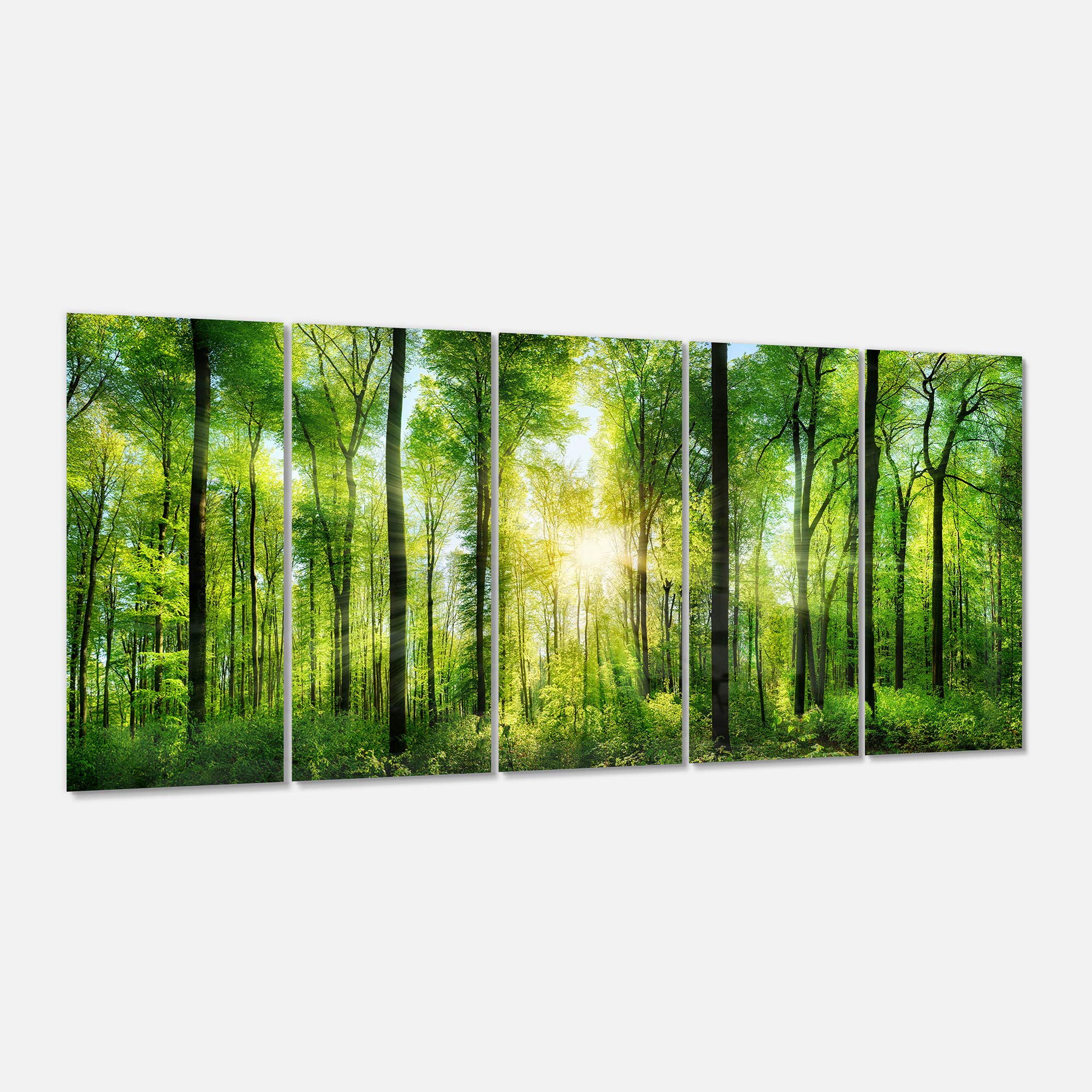 Forest with Sun Rays Panoramic Metal Wall Art - 5 Panel Landscape Decor - 60x28 Inches - Modern Home & Office Wall Decor for Living Room, Bedroom, or Office Spaces