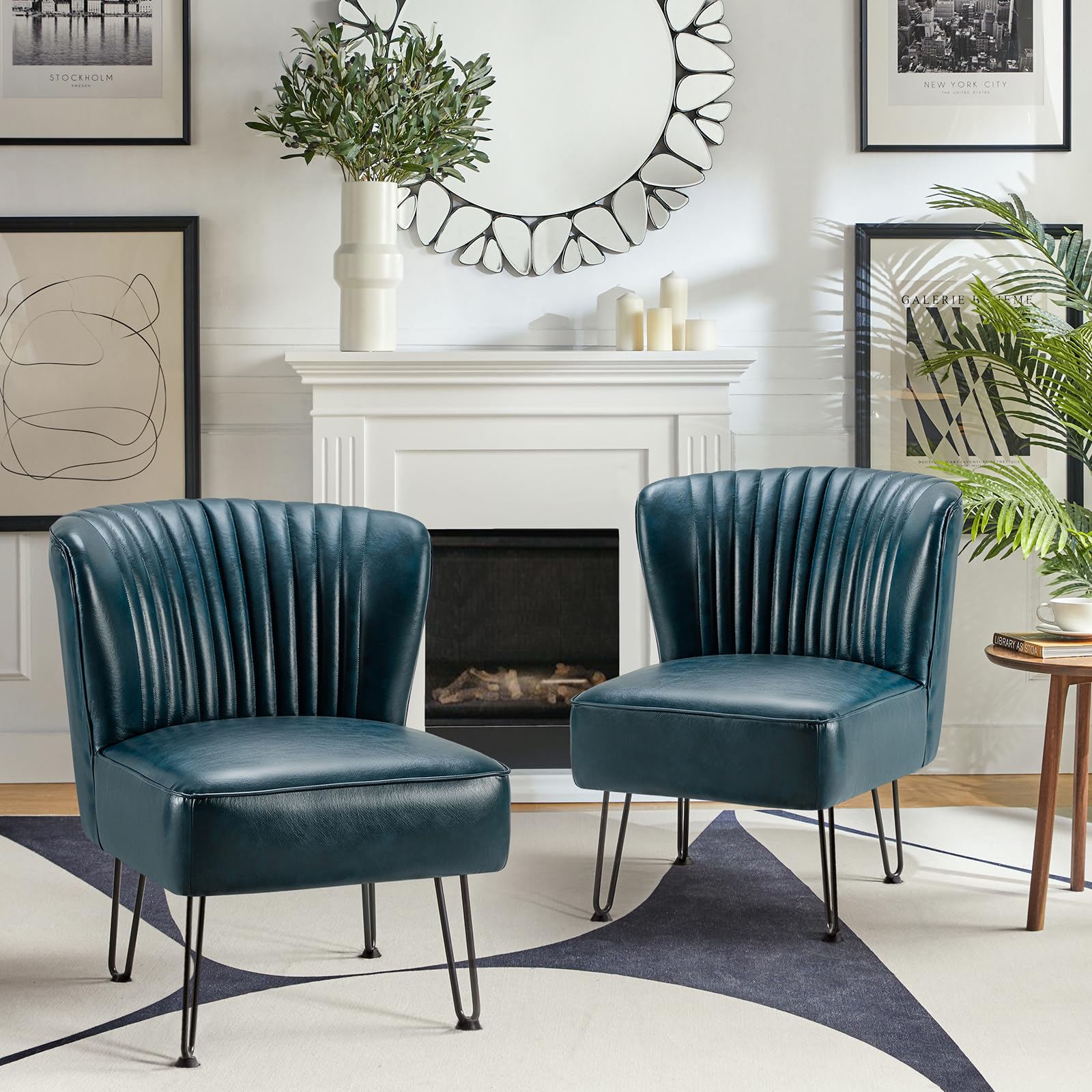HULALA HOME Set of 2 Mid Century Modern Faux Leather Accent Chairs with Metal Base - Comfortable Upholstered Armless Side Chairs for Living Room, Bedroom, Office in Turquoise - Perfect for Small Spaces, Reading Nooks & Guest Seating