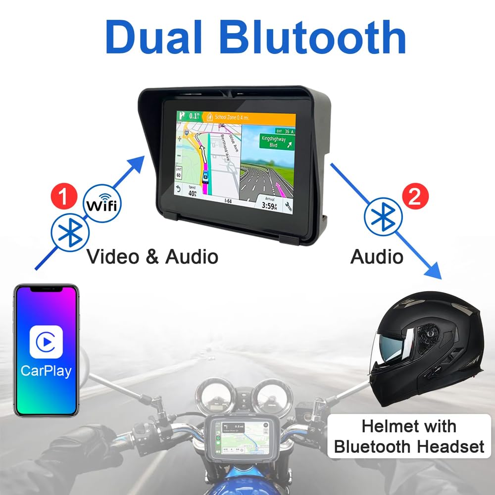 5-Inch Motorcycle GPS Navigator with Wireless CarPlay & Android Auto - 12-24V Waterproof IPX7 Touch Screen, Dual Bluetooth 5.0, WiFi, Built-in Speaker, Mini USB & TF Card Slot - Perfect for Adventure Riding, Commuting & Road Trips