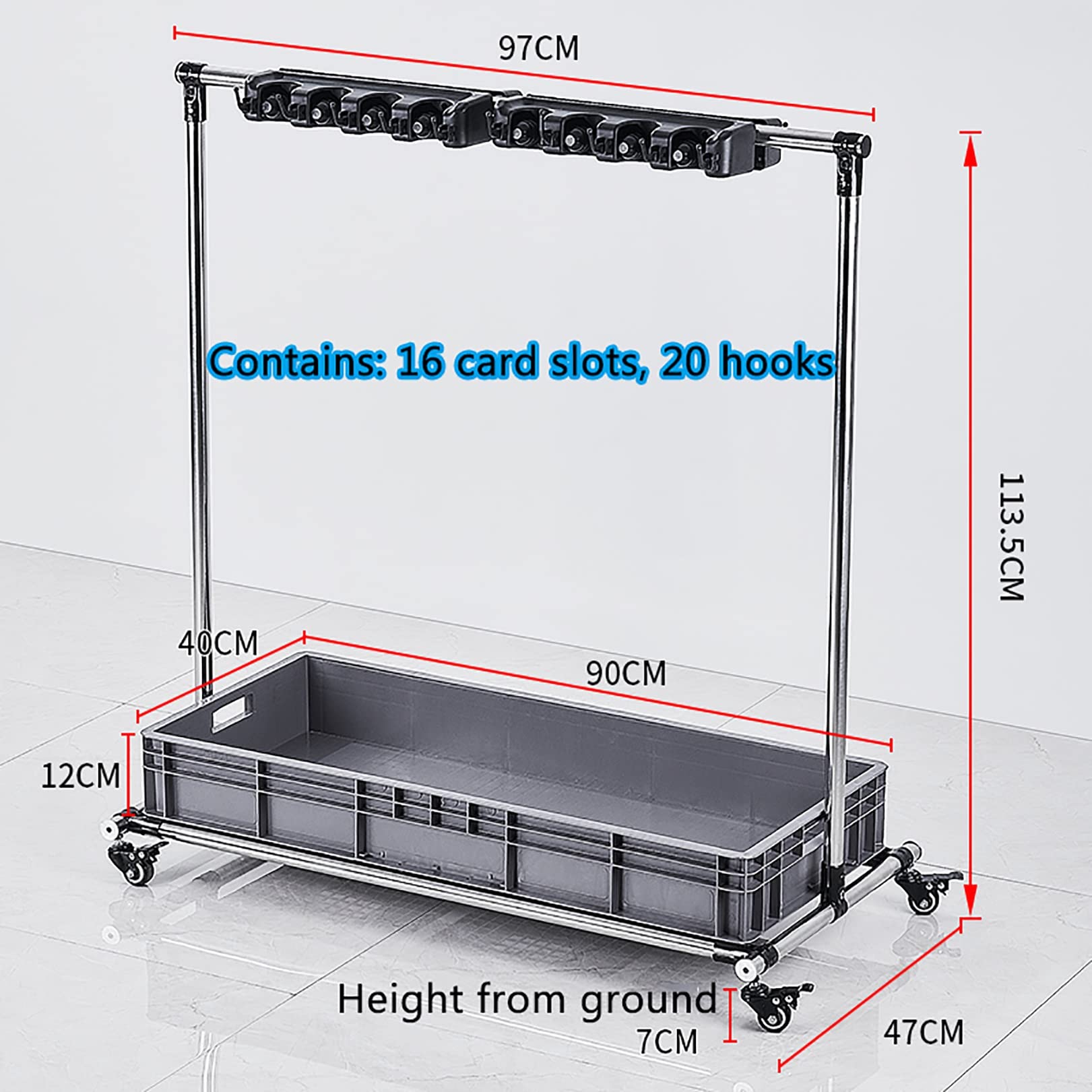Adjustable Height Stainless Steel Floor-Standing Broom and Mop Rack - 16-Slot Durable Storage Cart for Garages, Hotels, Schools & Restaurants - Mobile Cleaning Tool Organizer for Easy Home and Commercial Use