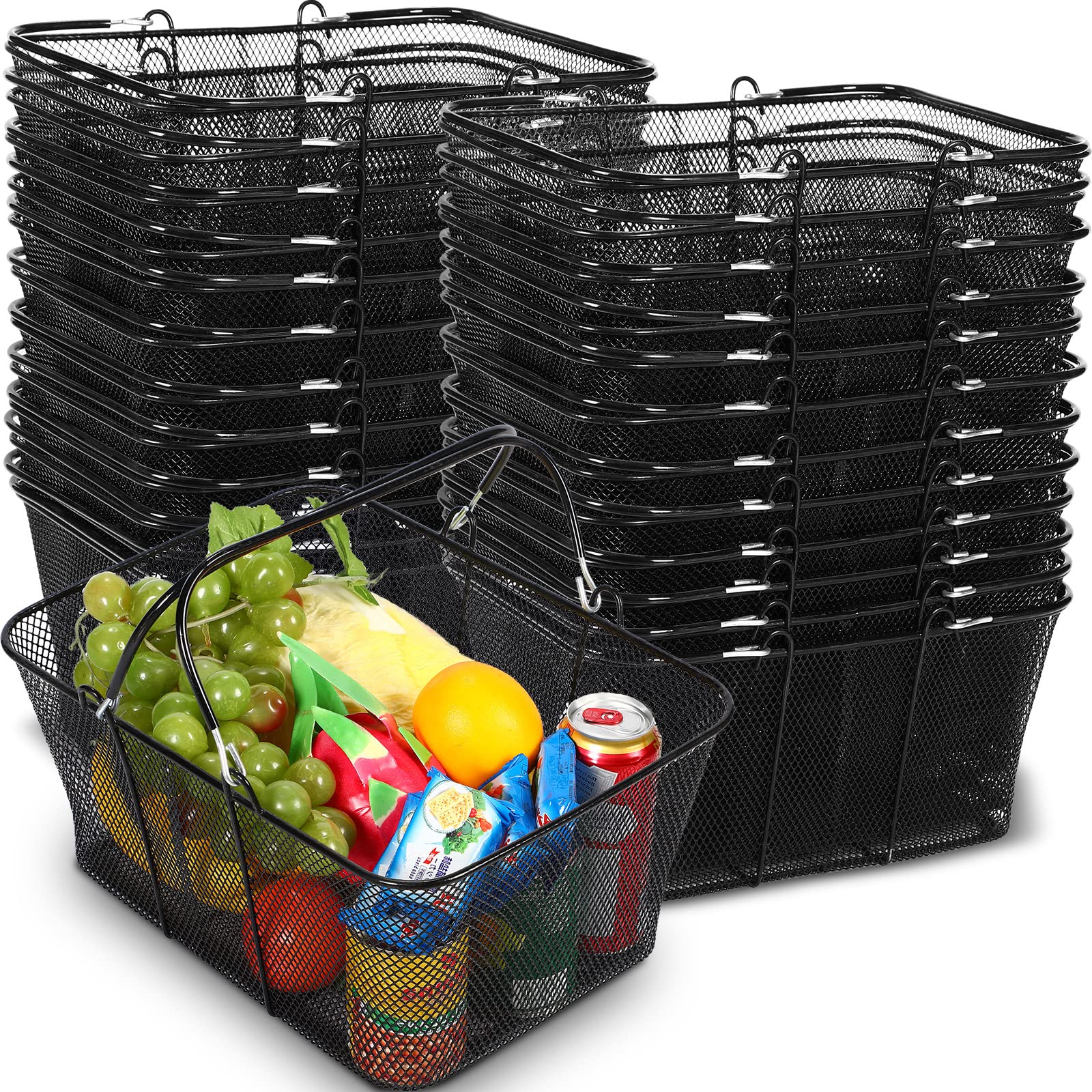 20 Pack Black Metal Wire Shopping Baskets with Handles - 22L Capacity, 15.8