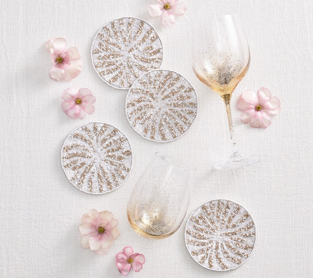 Premium Fireproof Drink Coasters Set of 4 - White Gold Silver Sparkling Party Barware - Perfect for Weddings, Cocktail Parties & Home Decor