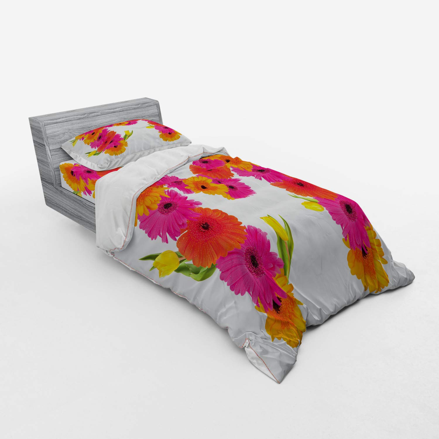 Ambesonne Letter M 3-Piece Twin Size Duvet Cover Set - Pink & Orange Gerbera Flowers & Tulips Blooming Spring Design with Sham & Fitted Sheet | Hot Pink Orange Green Floral Bedding | Perfect for Spring Bedroom Decor, Guest Room Makeover & Dorm Room Essentials