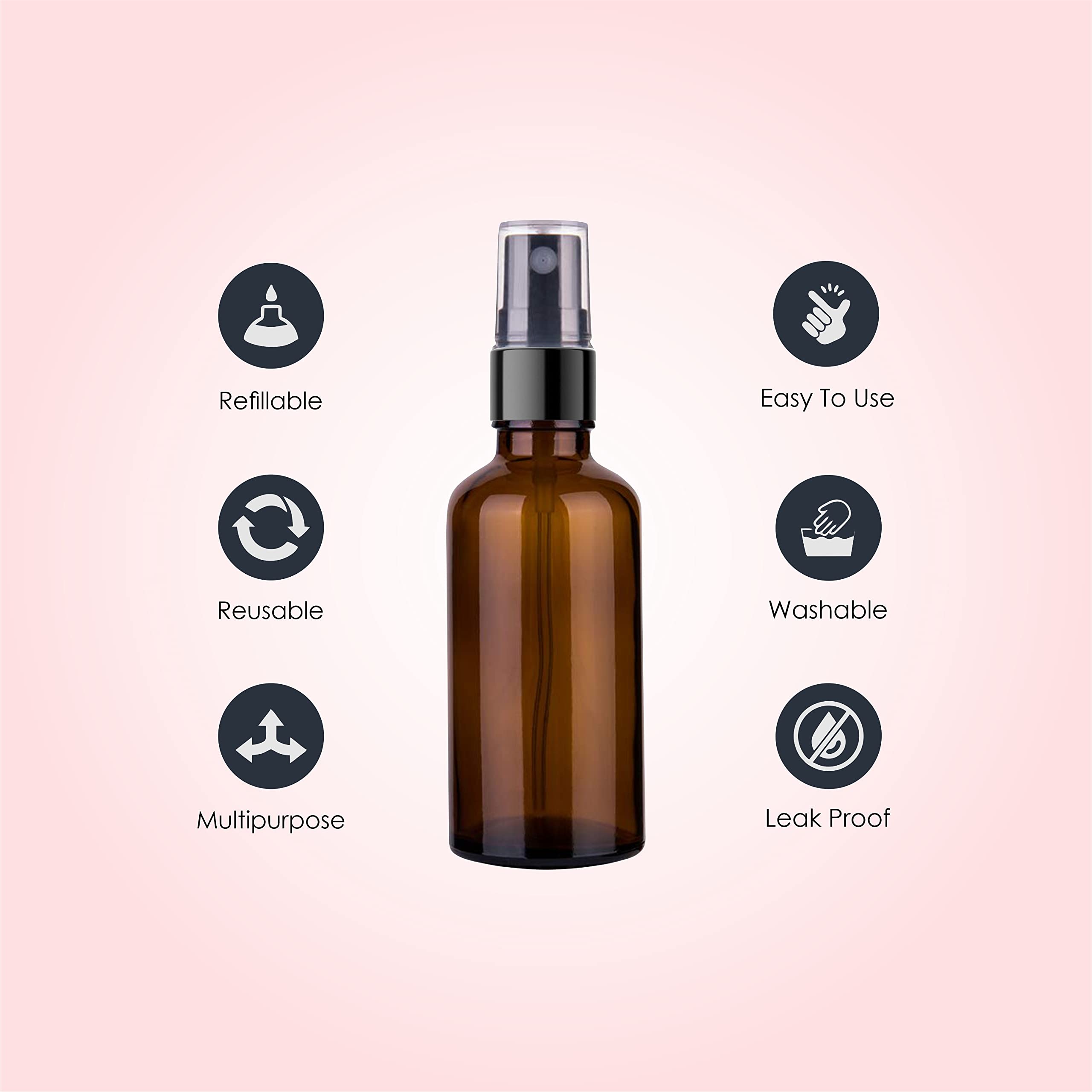 50ml Amber Glass Spray Bottle - Refillable & Reusable Face Mist Bottle with Leak Proof Pump | Perfect for DIY Essential Oils, Aromatherapy Blends, Skincare Toners & Hydrosols | Great for Travel, Home Spa & Beauty Routine (Pack of 2)