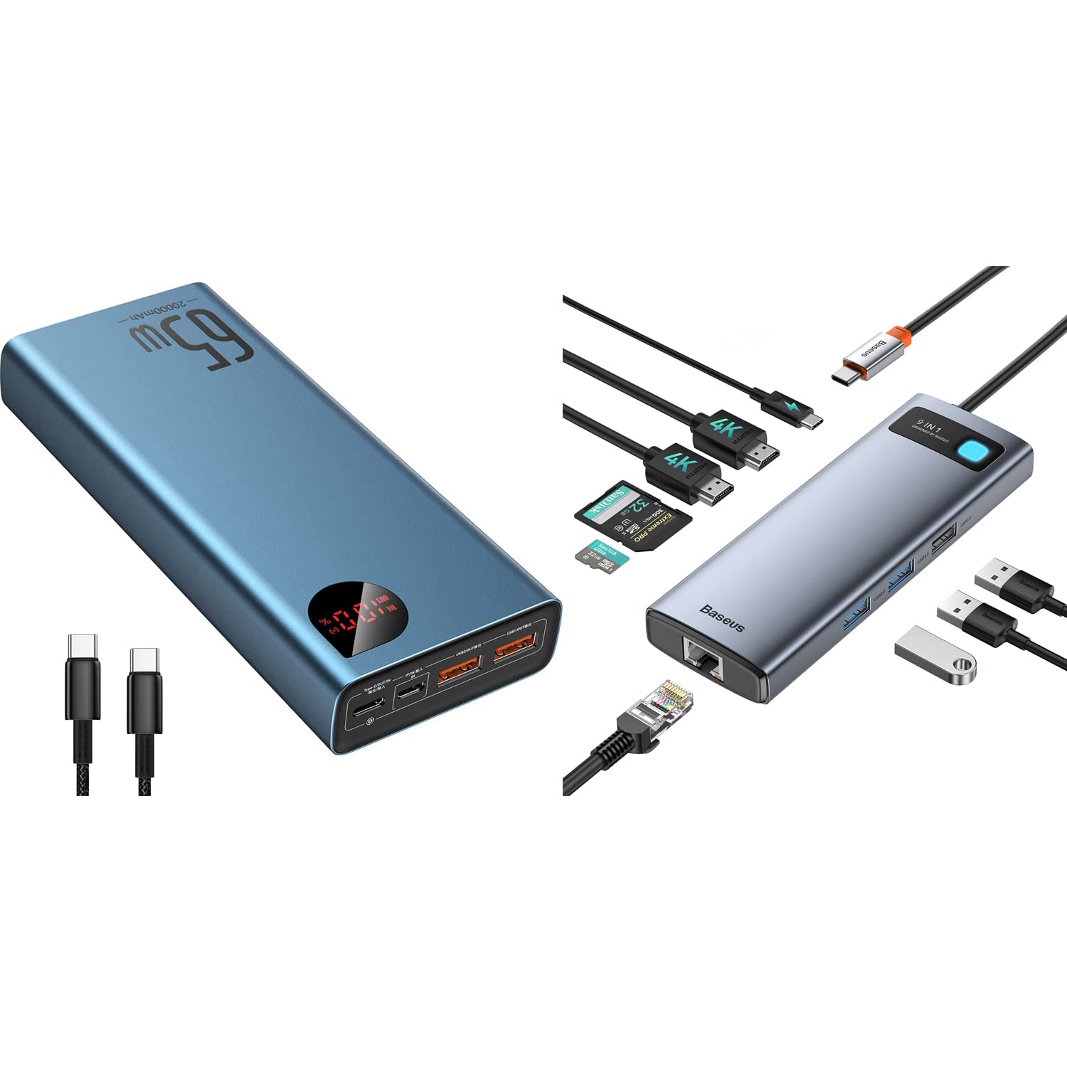 Baseus 65W 20000mAh Power Bank with 9-in-1 USB C Docking Station - Fast Charging Portable Charger for Laptop, Phone & Dual Monitor Setup - Perfect for Travel, Office & Home Use