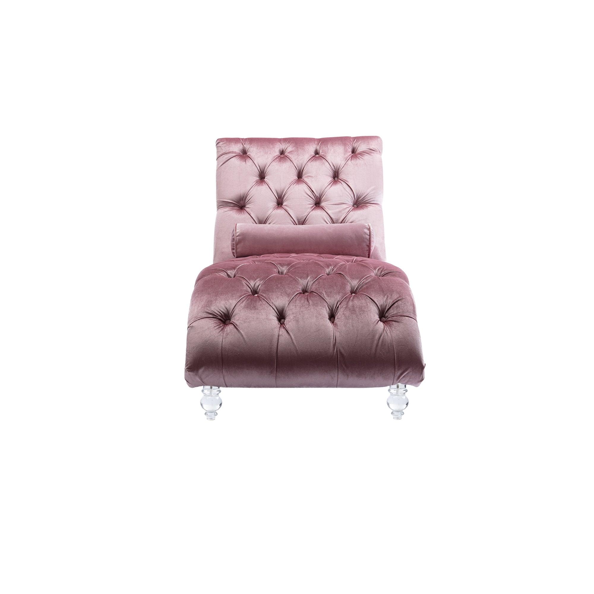 Luxury Velvet Chaise Lounge Chair - Button Tufted Upholstered Sofa with Pillow for Bedroom, Living Room & Office - Pink Velvet Chaise Lounge - Perfect for Reading Nook, Home Decor & Relaxation