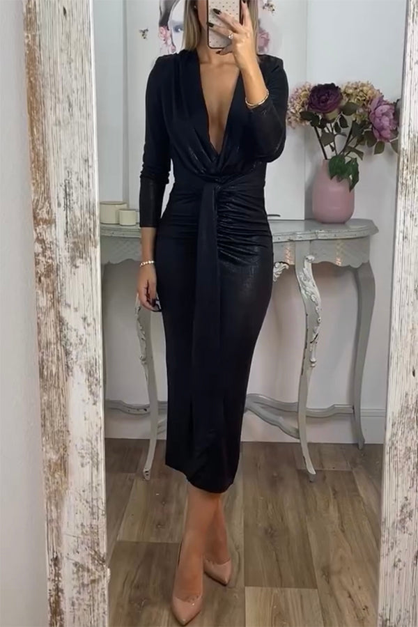 Shiny Metallic Fabric Padded Long Sleeve Tie-Up Ruched Midi Dress for Women - Elegant Party, Evening Cocktail & Special Occasion Outfit