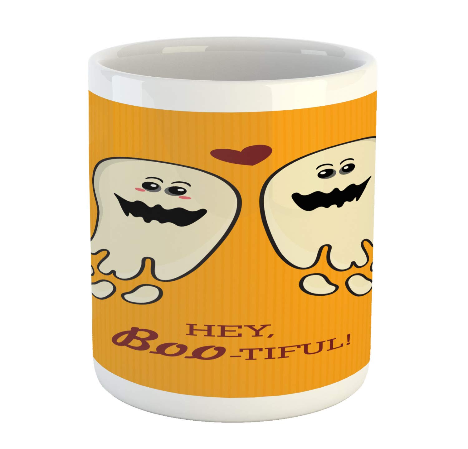 Ambesonne Halloween Coffee Mug - 11 oz Ceramic Cup with 'Hey Boo-tiful' Text & Cute Ghost Couple Design for Tea, Coffee, Hot Chocolate - Perfect Gift for Halloween Lovers & Couples (Orange Eggshell Maroon)
